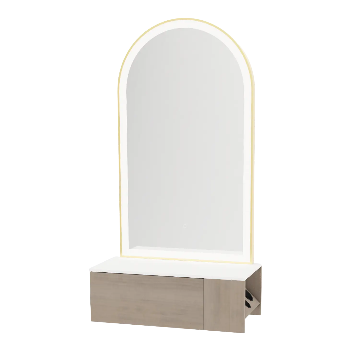 Glo Wall Mount Styling Station with Concealed Appliance Holder, Solid Surface Countertop, and Gold Arch Paloma Mirror
