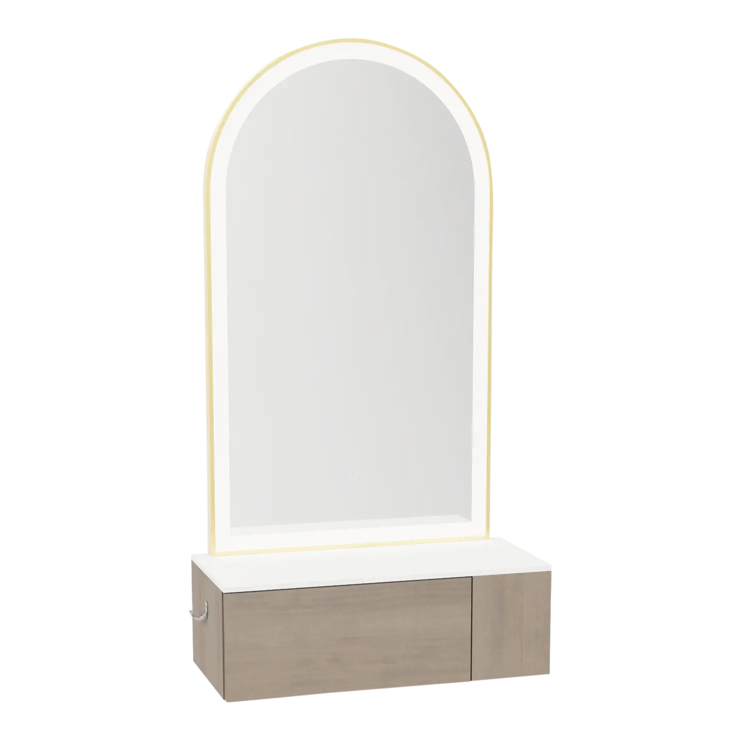 Glo Wall Mount Styling Station with Concealed Appliance Holder, Solid Surface Countertop, and Gold Arch Paloma Mirror