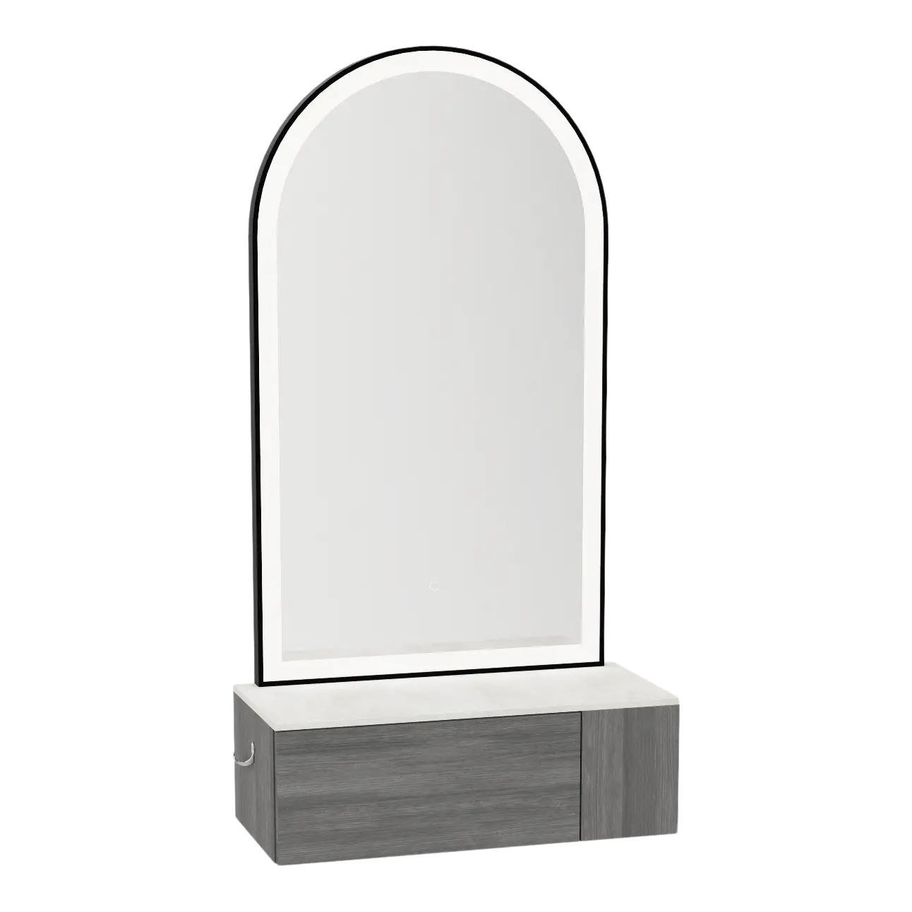 Glo Wall Mount Styling Station with Concealed Appliance Holder, Solid Surface Countertop, and Black Arch Paloma Mirror