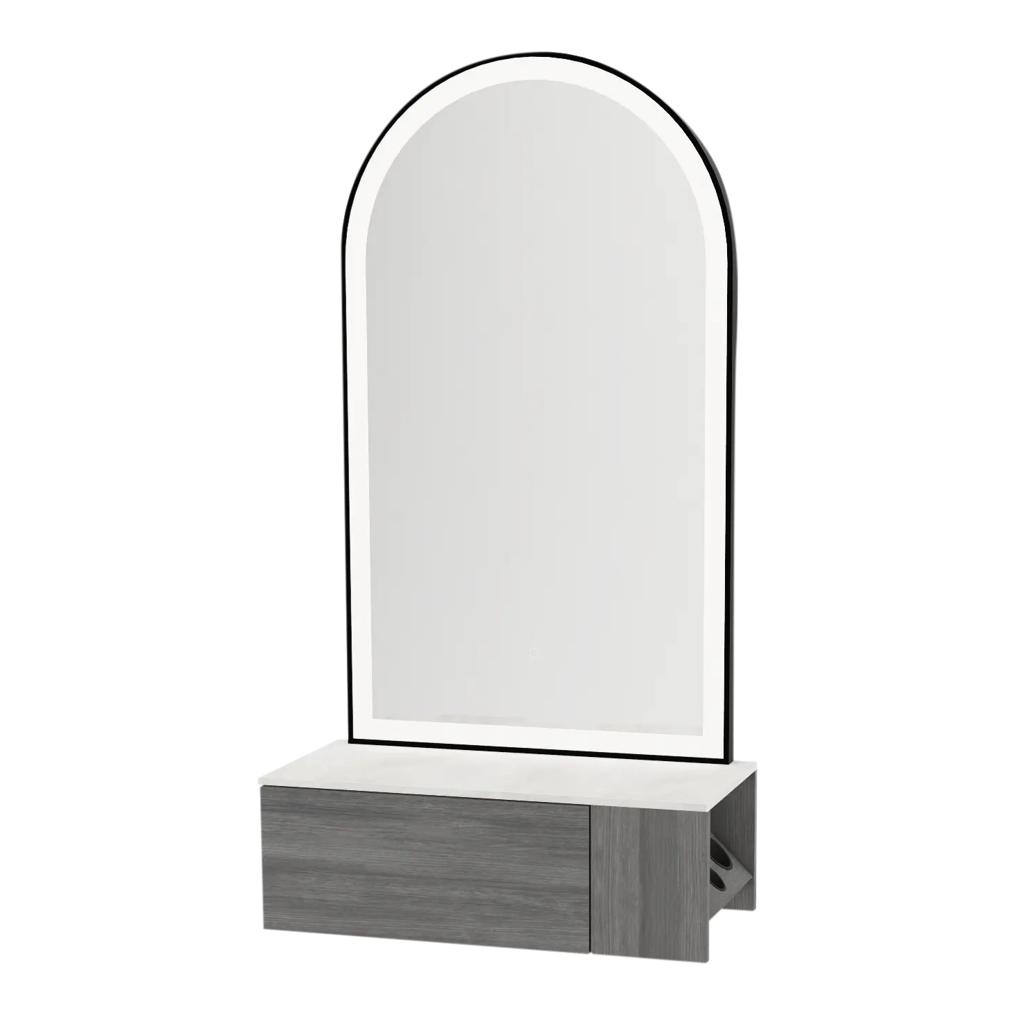 Glo Wall Mount Styling Station with Concealed Appliance Holder, Solid Surface Countertop, and Black Arch Paloma Mirror