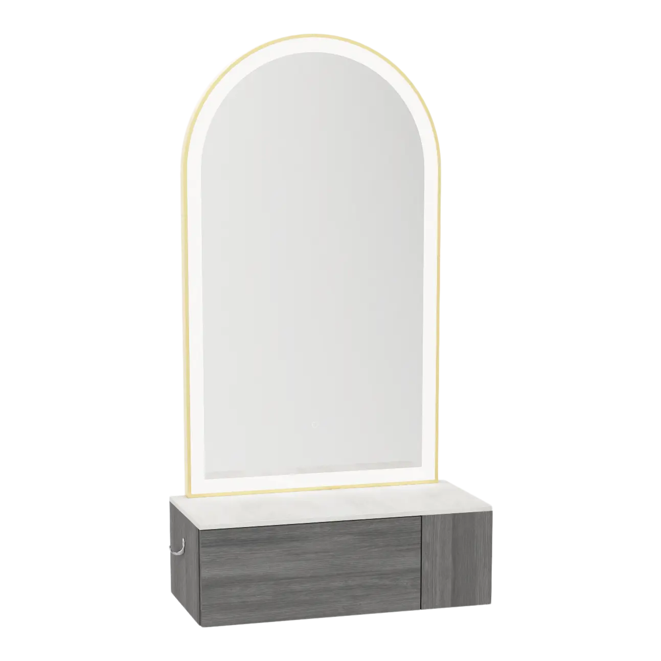 Glo Wall Mount Styling Station with Concealed Appliance Holder, Solid Surface Countertop, and Gold Arch Paloma Mirror