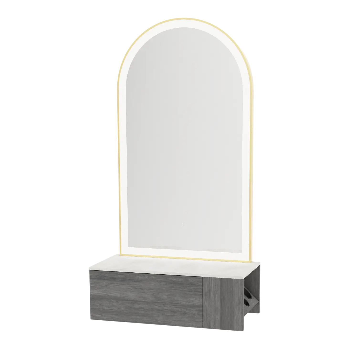 Glo Wall Mount Styling Station with Concealed Appliance Holder, Solid Surface Countertop, and Gold Arch Paloma Mirror