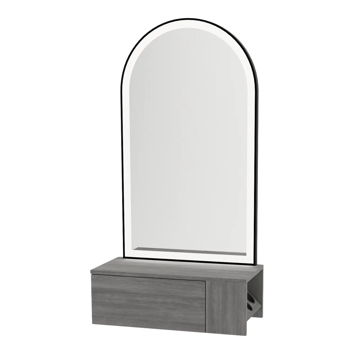 Glo Wall Mount Styling Station with Concealed Appliance Holder and Black Arch Paloma Mirror