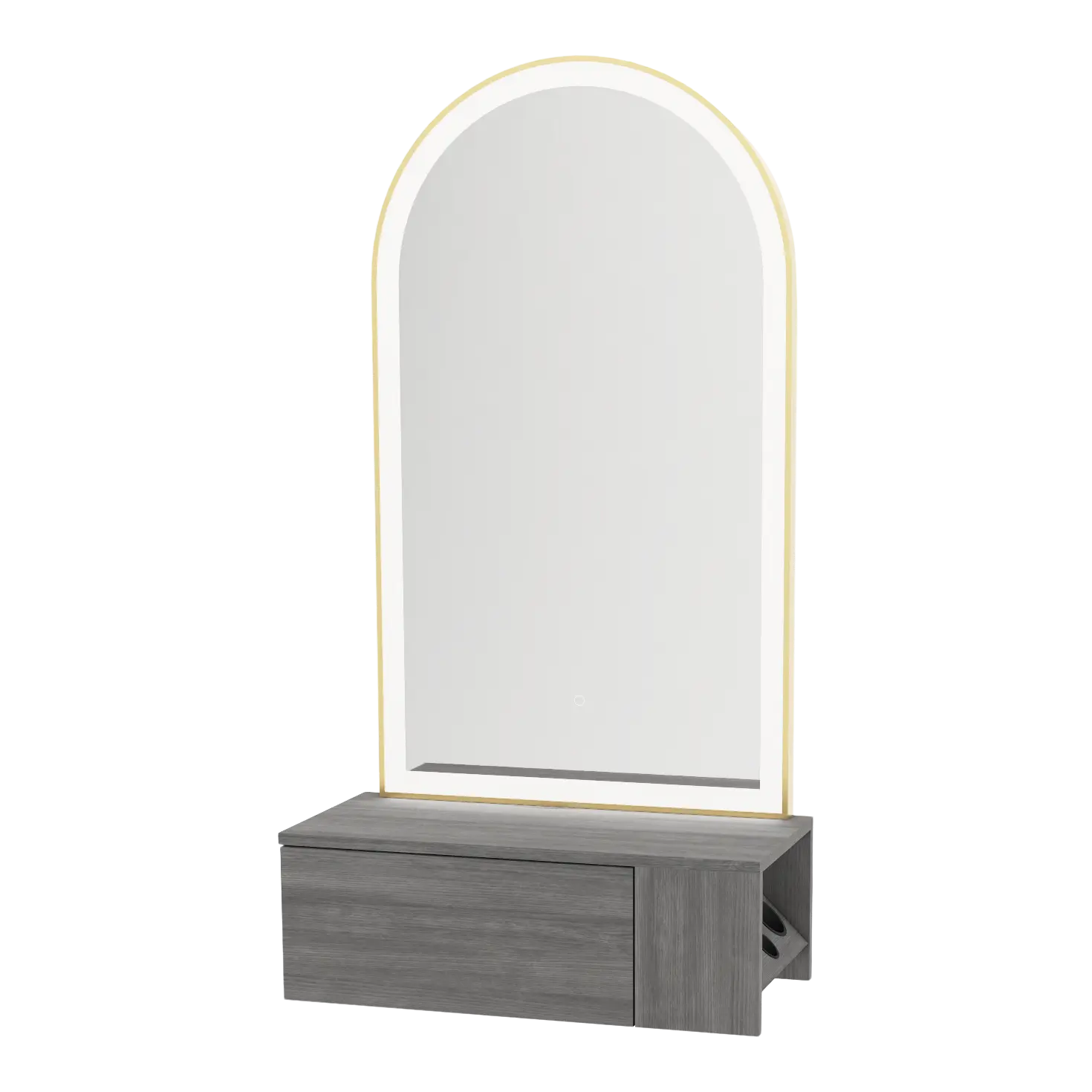 Glo Wall Mount Styling Station with Concealed Appliance Holder and Gold Arch Paloma Mirror