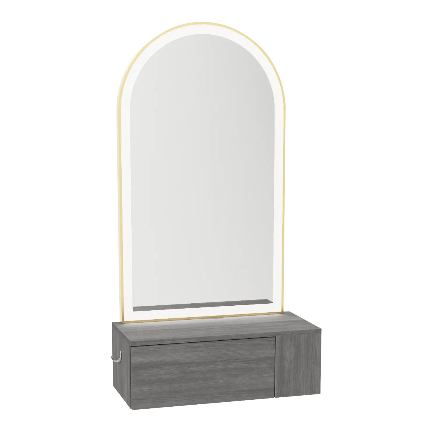 Glo Wall Mount Styling Station with Concealed Appliance Holder and Gold Arch Paloma Mirror
