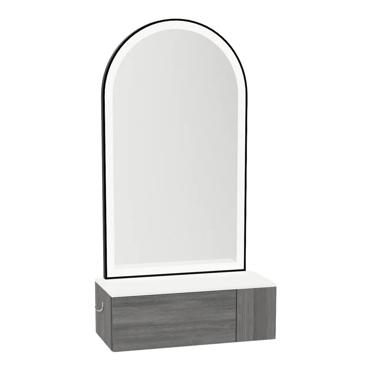 Glo Wall Mount Styling Station with Concealed Appliance Holder, Solid Surface Countertop, and Black Arch Paloma Mirror