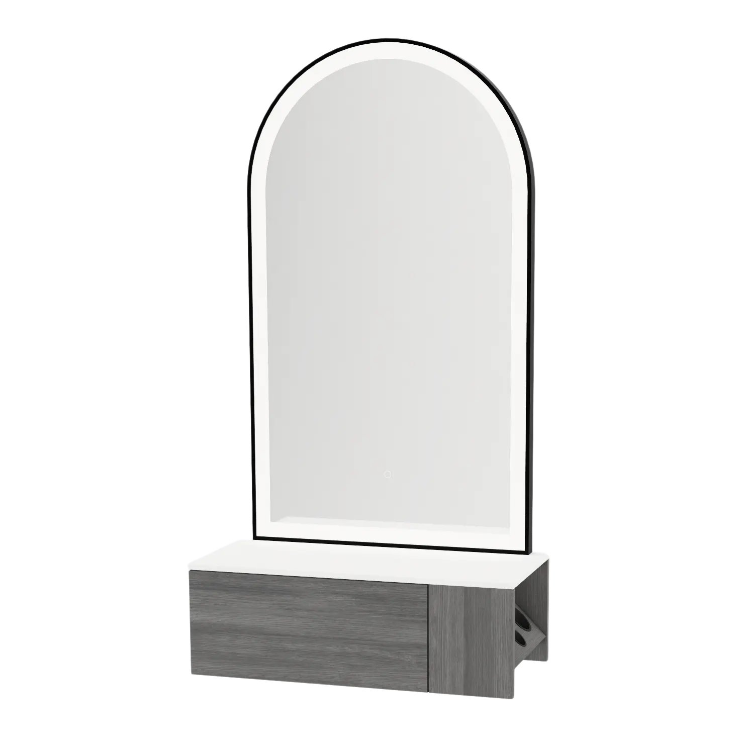 Glo Wall Mount Styling Station with Concealed Appliance Holder, Solid Surface Countertop, and Black Arch Paloma Mirror