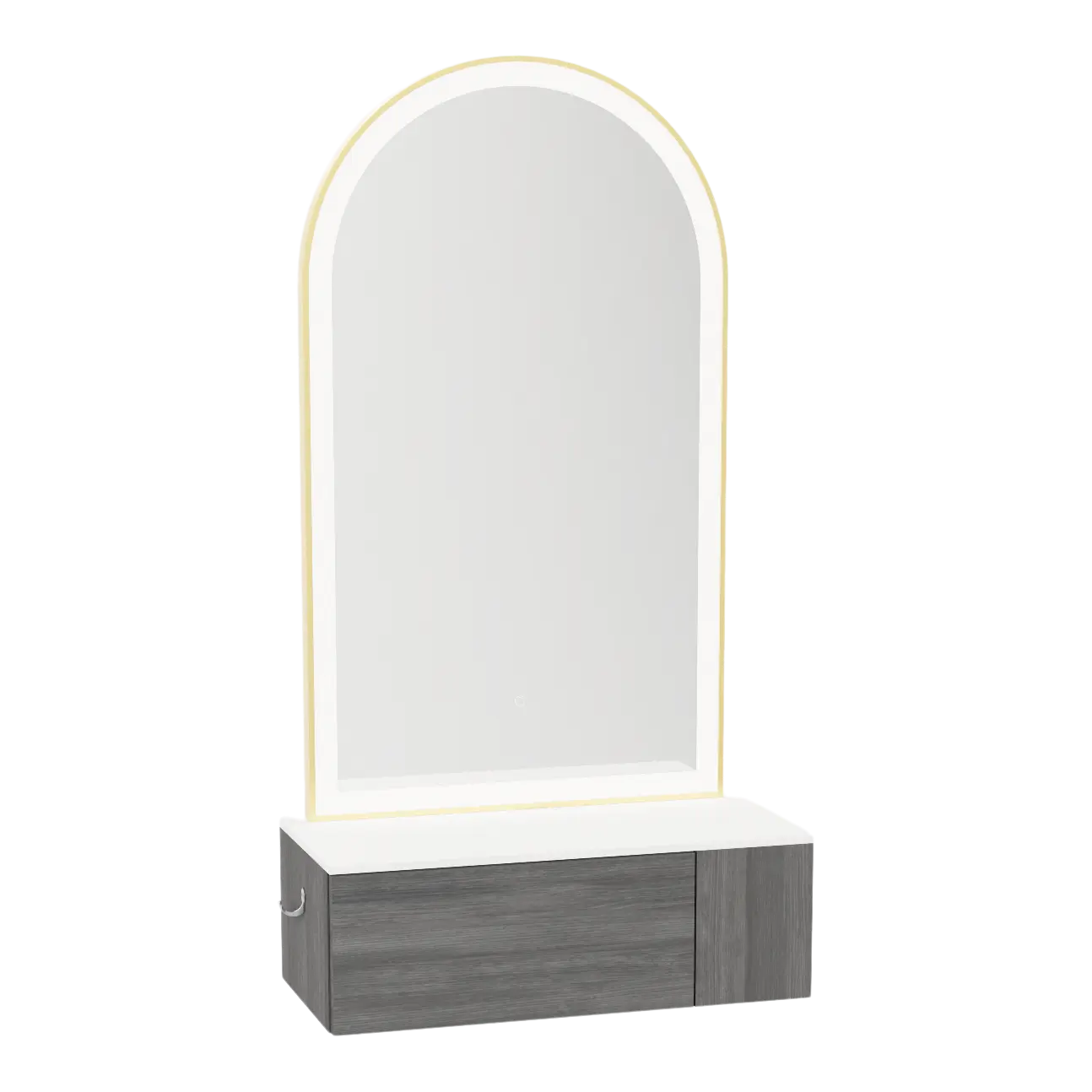 Glo Wall Mount Styling Station with Concealed Appliance Holder, Solid Surface Countertop, and Gold Arch Paloma Mirror