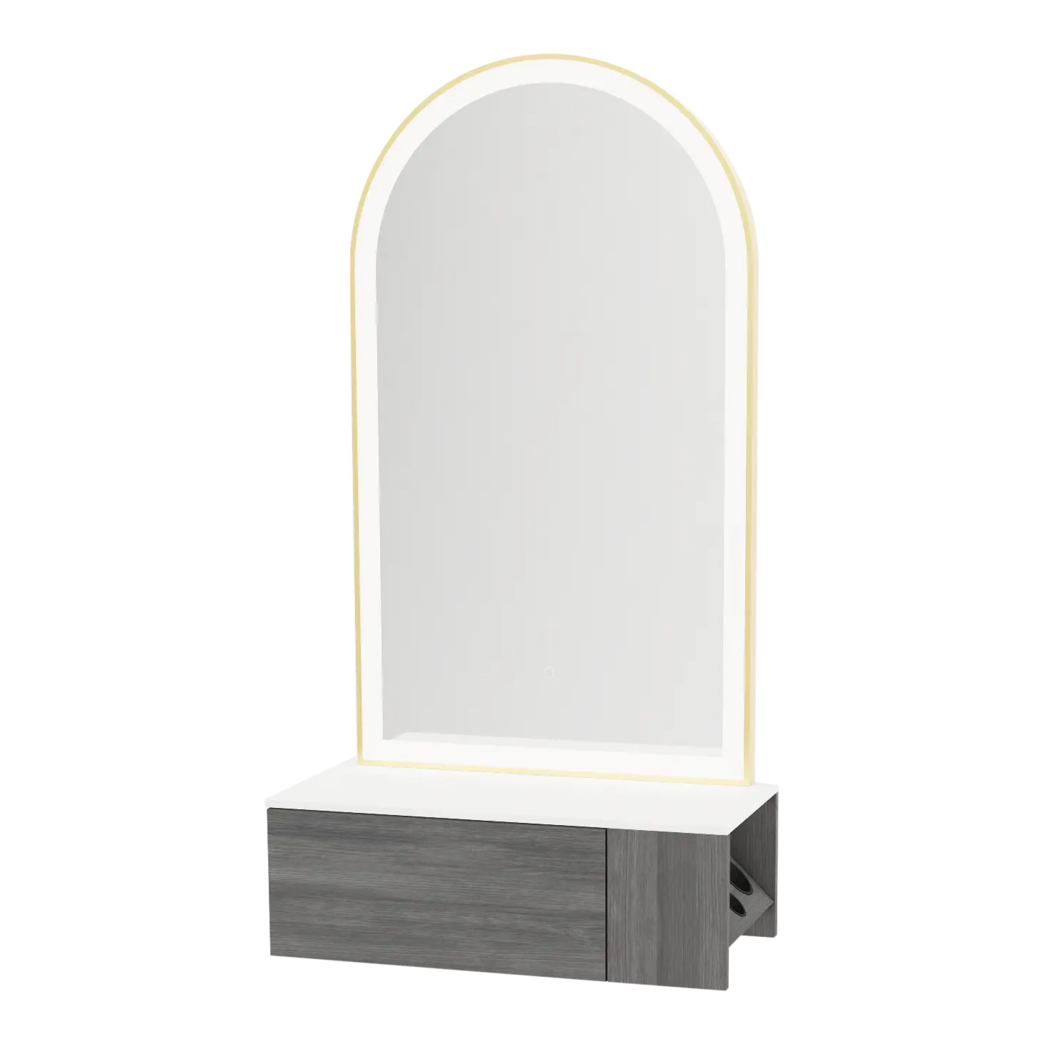 Glo Wall Mount Styling Station with Concealed Appliance Holder, Solid Surface Countertop, and Gold Arch Paloma Mirror