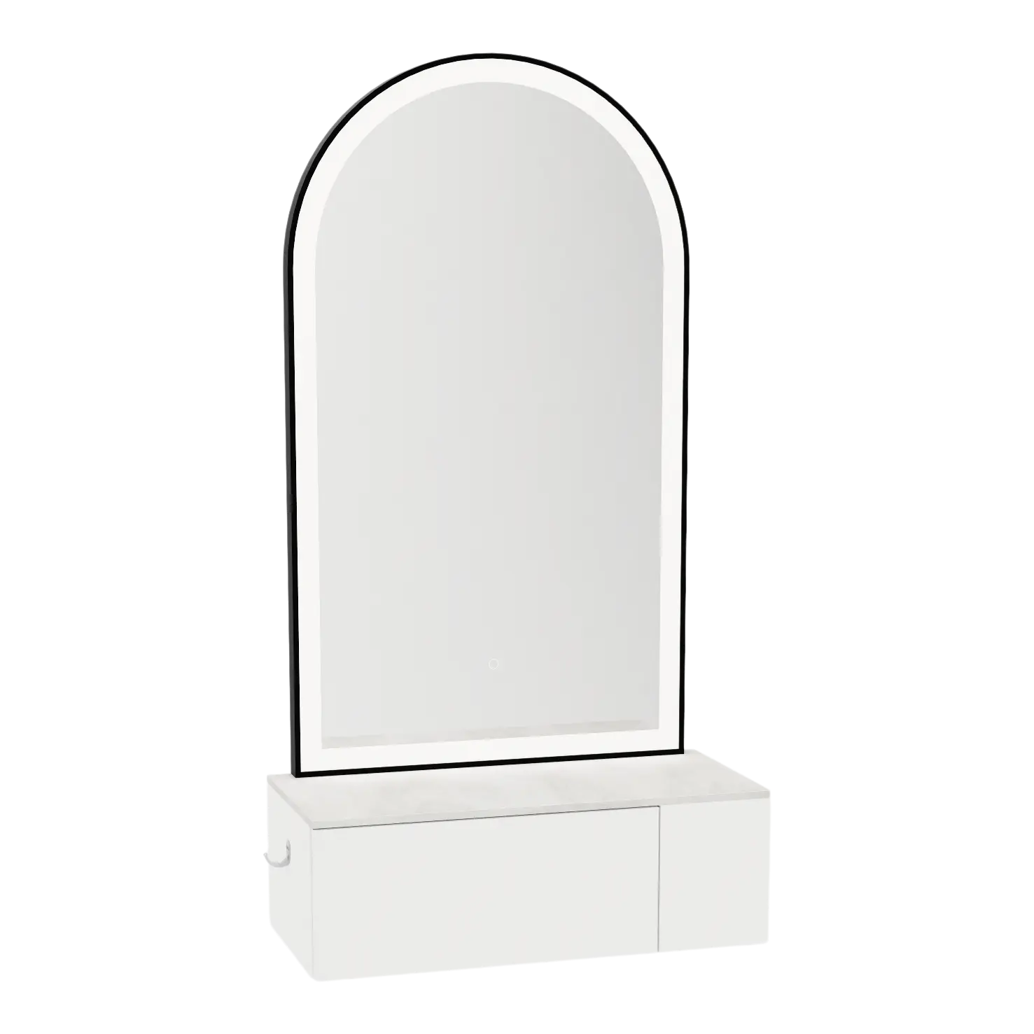 Glo Wall Mount Styling Station with Concealed Appliance Holder, Solid Surface Countertop, and Black Arch Paloma Mirror