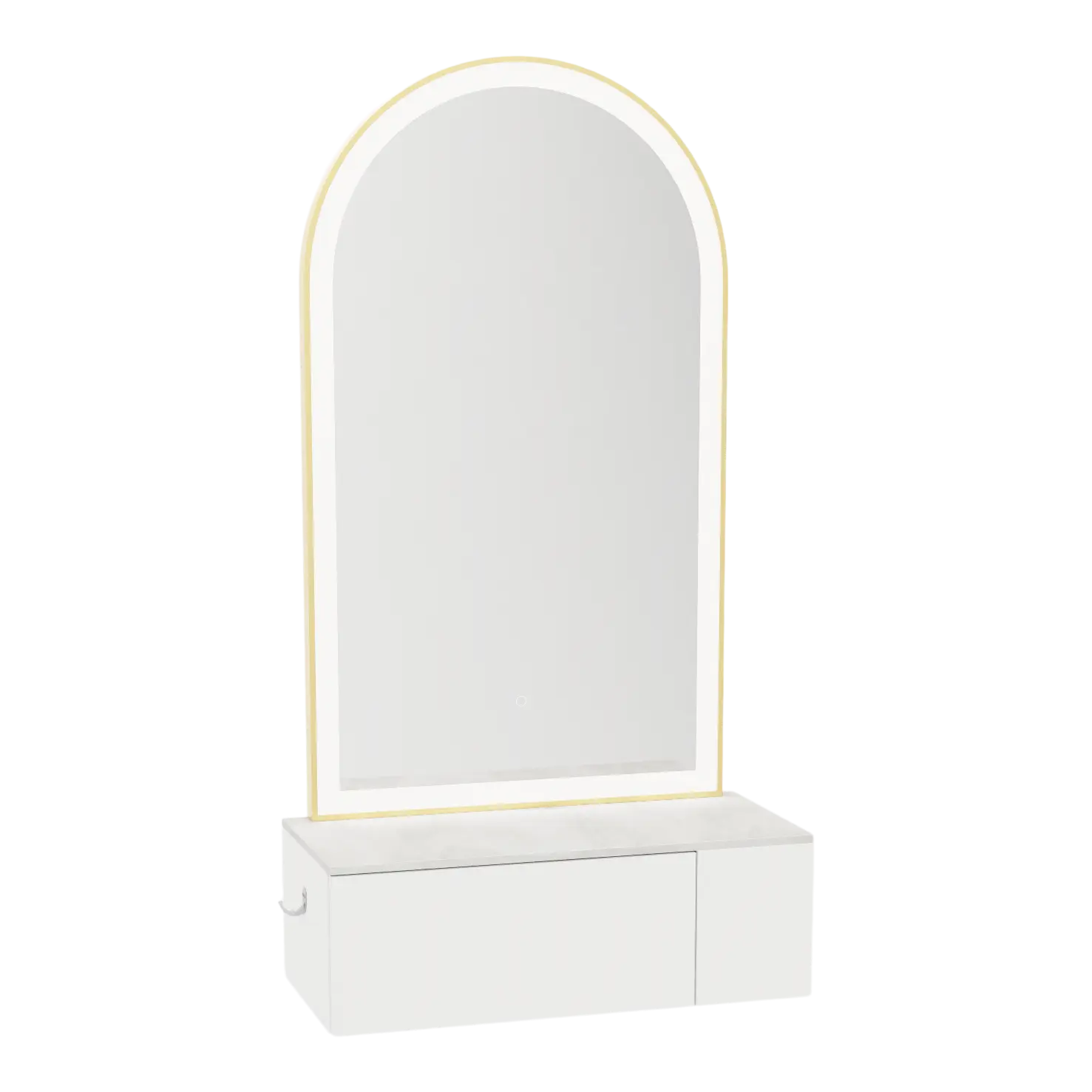 Glo Wall Mount Styling Station with Concealed Appliance Holder, Solid Surface Countertop, and Gold Arch Paloma Mirror