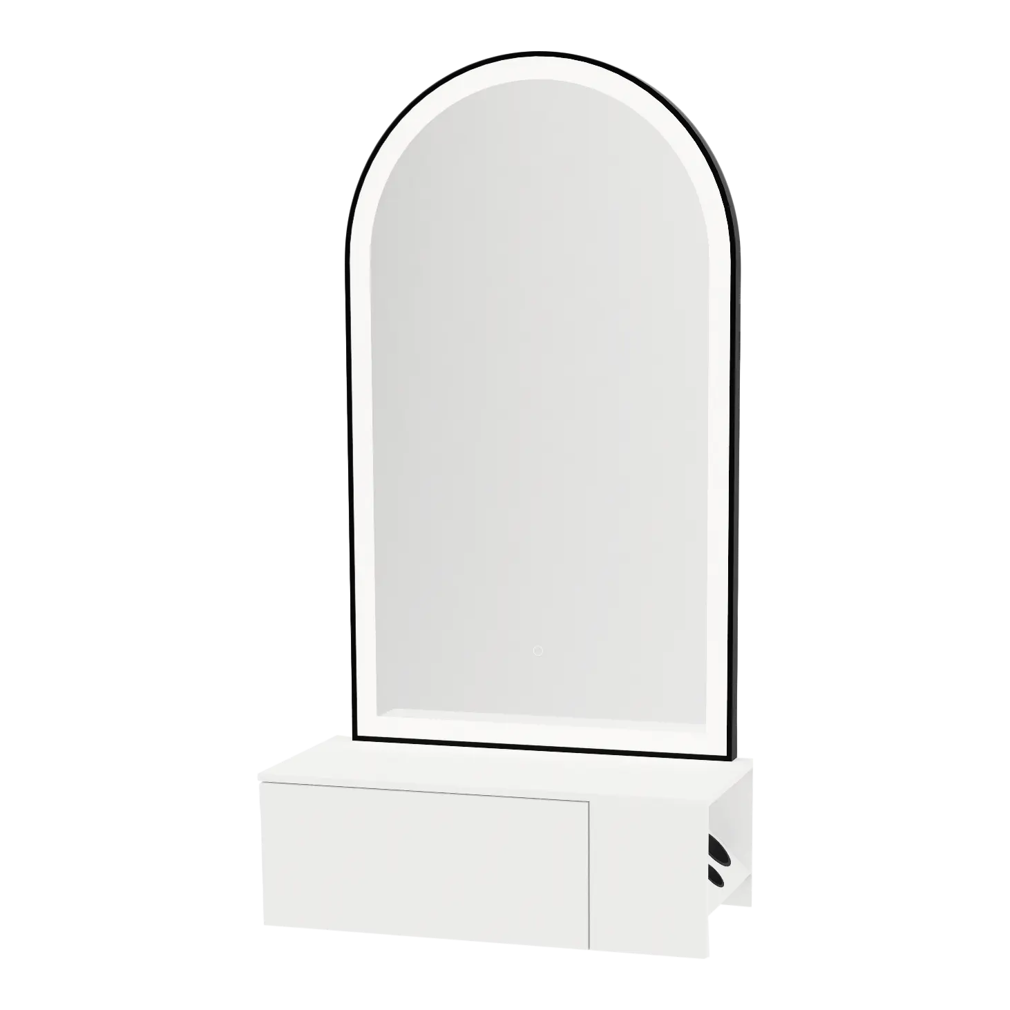 Glo Wall Mount Styling Station with Concealed Appliance Holder, Solid Surface Countertop, and Black Arch Paloma Mirror