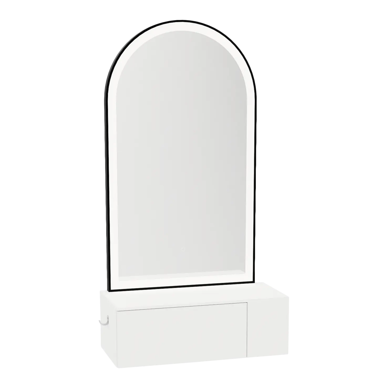 Glo Wall Mount Styling Station with Concealed Appliance Holder, Solid Surface Countertop, and Black Arch Paloma Mirror