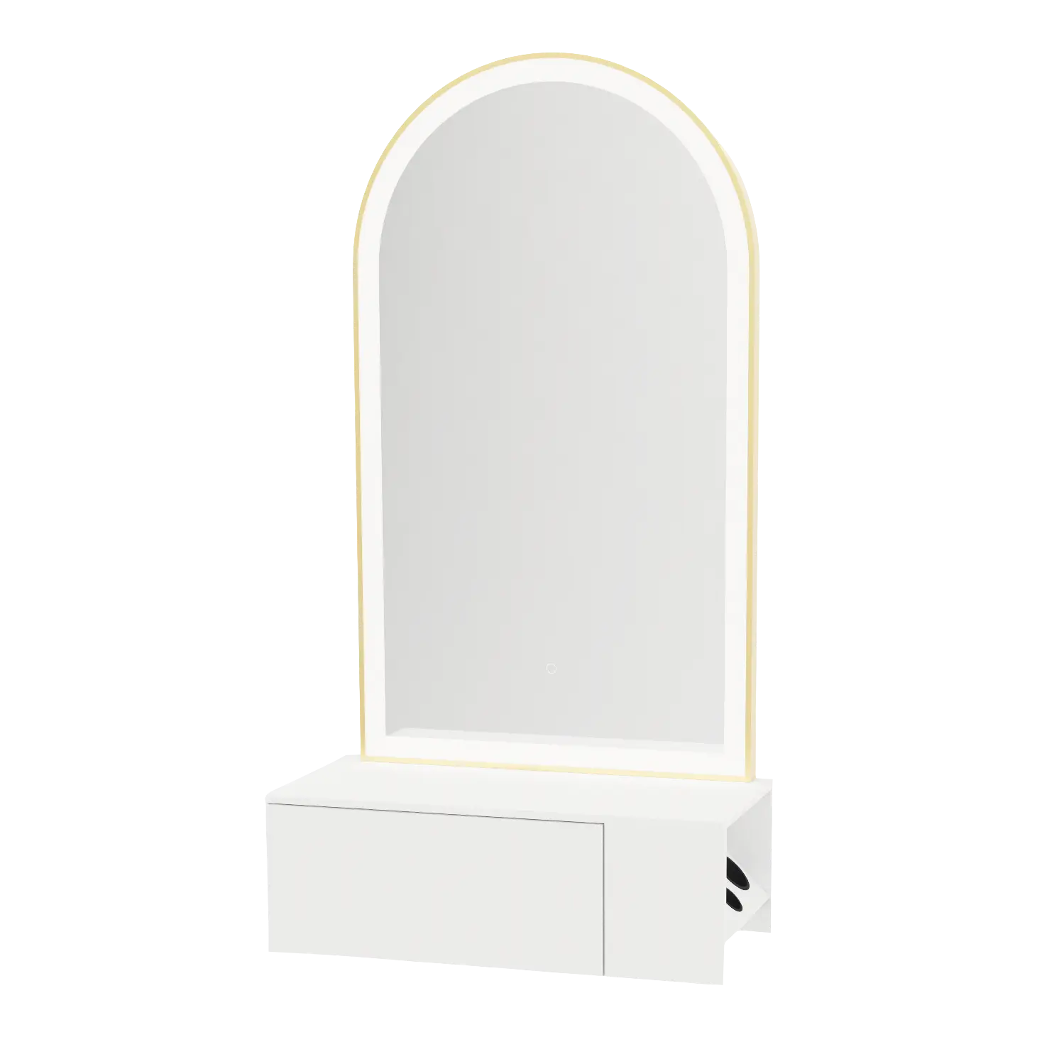 Glo Wall Mount Styling Station with Concealed Appliance Holder, Solid Surface Countertop, and Gold Arch Paloma Mirror