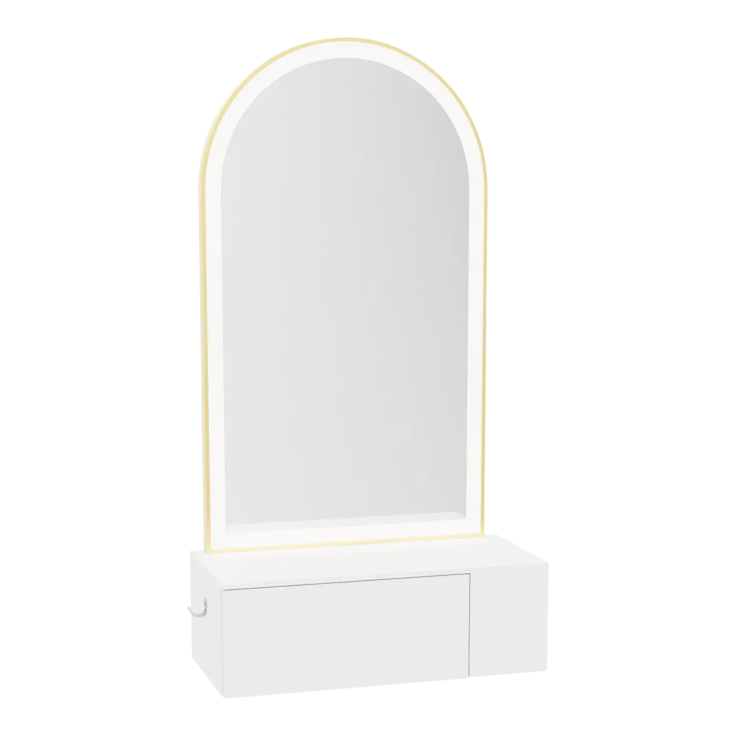 Glo Wall Mount Styling Station with Concealed Appliance Holder, Solid Surface Countertop, and Gold Arch Paloma Mirror