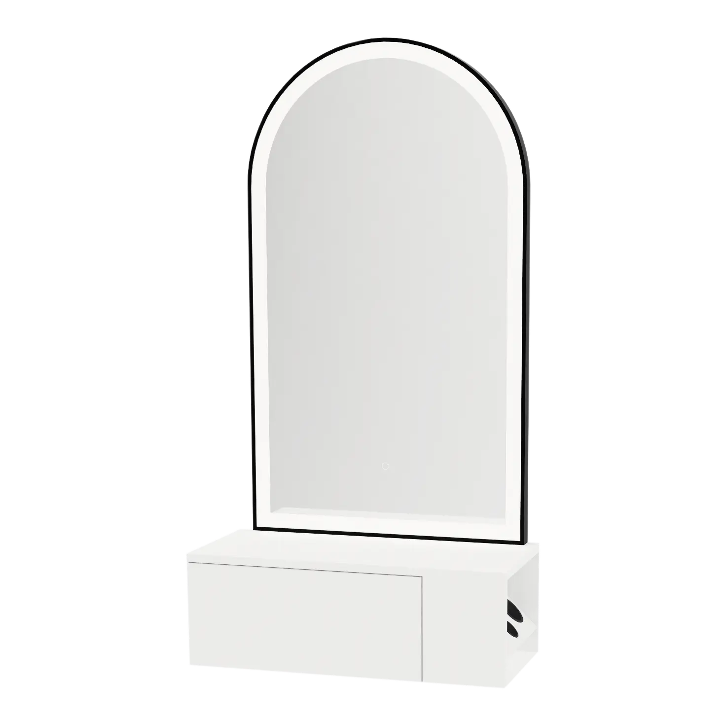 Glo Wall Mount Styling Station with Concealed Appliance Holder and Black Arch Paloma Mirror