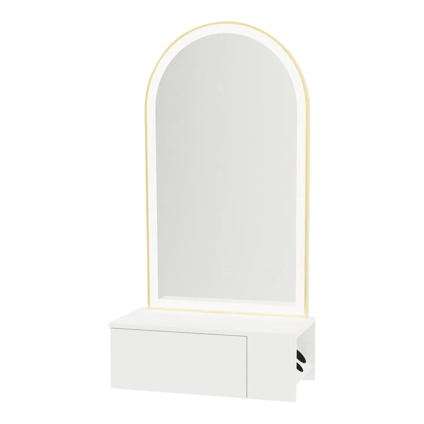 Glo Wall Mount Styling Station with Concealed Appliance Holder and Gold Arch Paloma Mirror