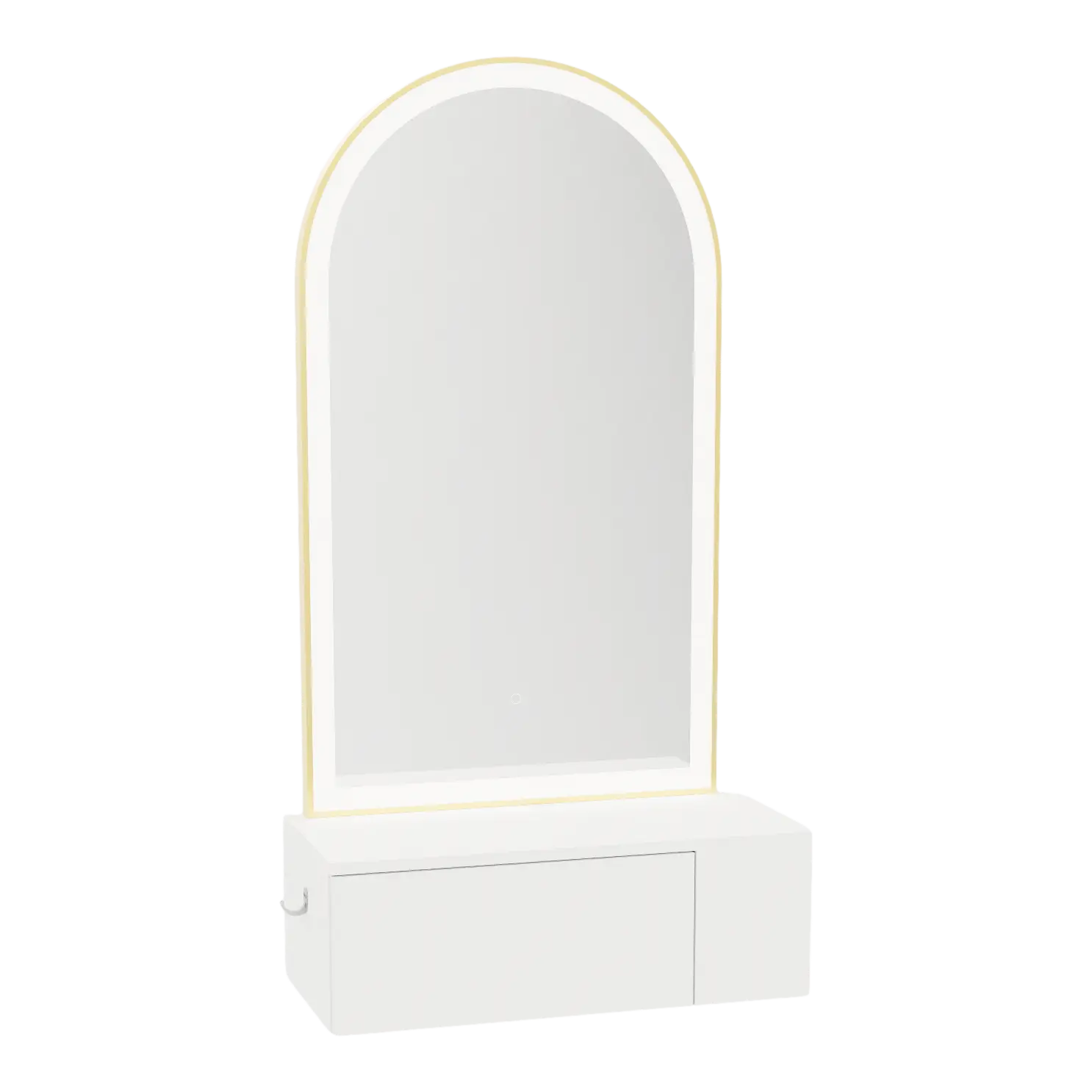 Glo Wall Mount Styling Station with Concealed Appliance Holder and Gold Arch Paloma Mirror