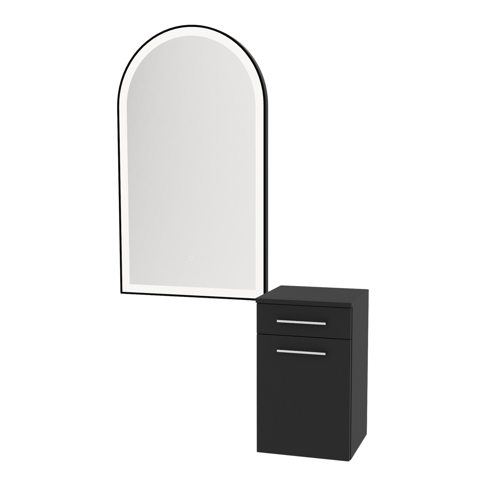 Glo Wall Mount Styling Station with Tilt-out Appliance Holder and Black Arch Paloma Mirror