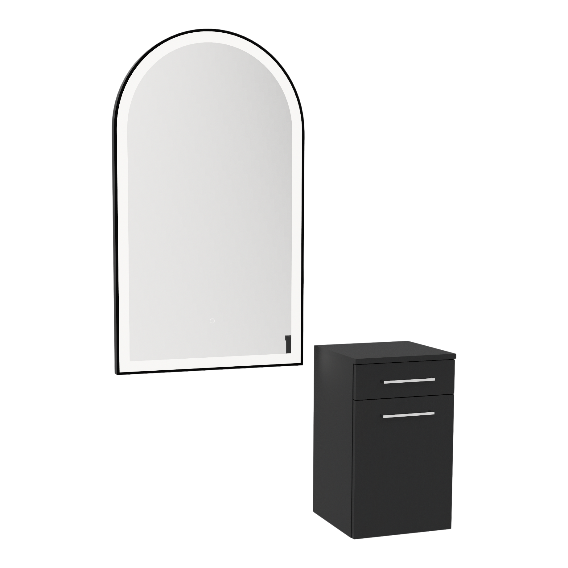 Glo Wall Mount Styling Station with Tilt-out Appliance Holder and Black Arch Paloma Mirror