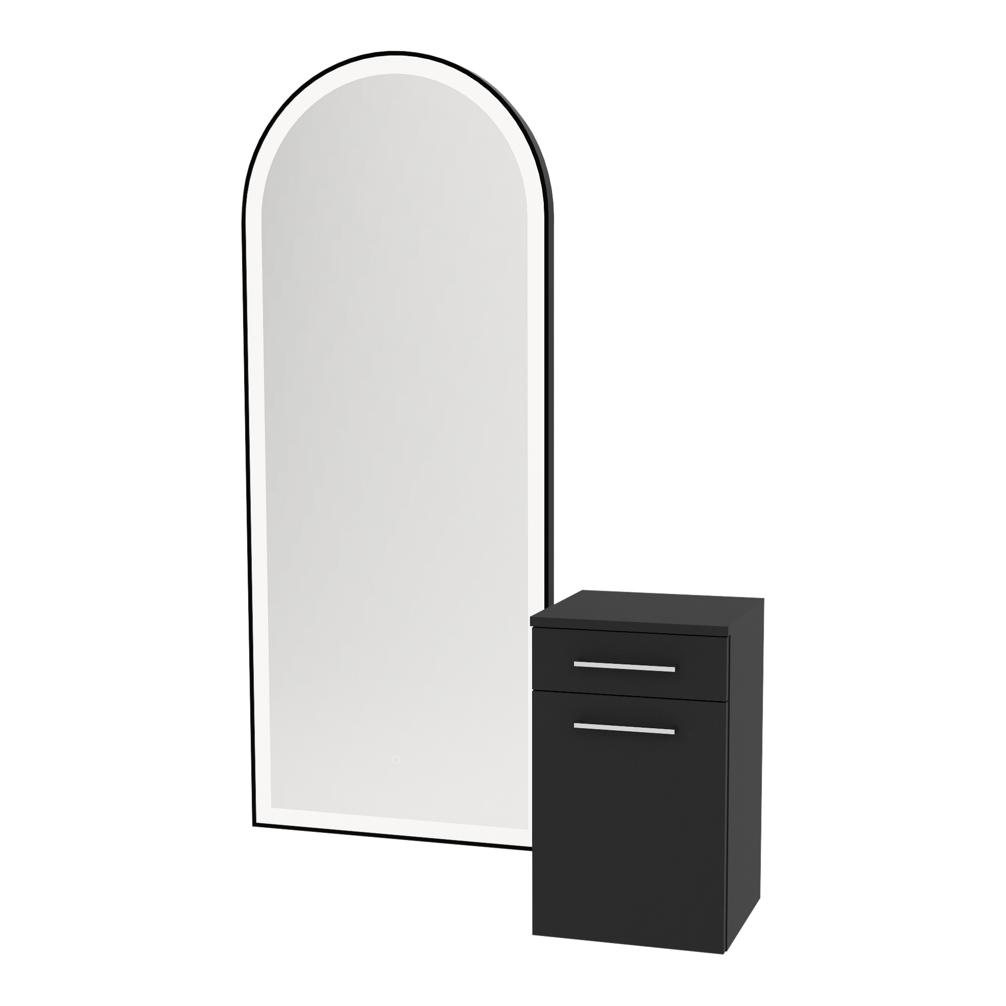 Glo Wall Mount Styling Station with Tilt-out Appliance Holder and Black Full-Length Arch Paloma Mirror