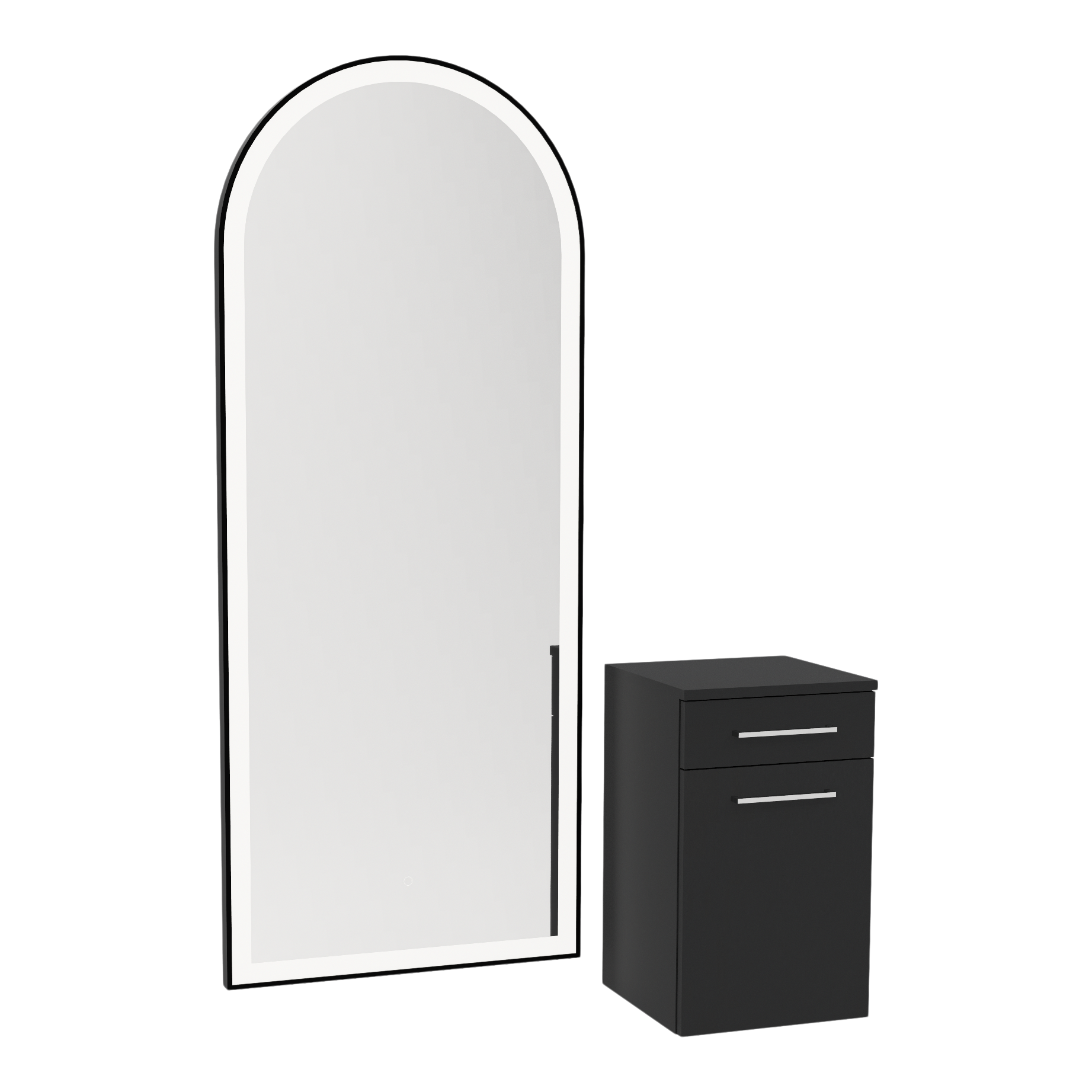Glo Wall Mount Styling Station with Tilt-out Appliance Holder and Black Full-Length Arch Paloma Mirror