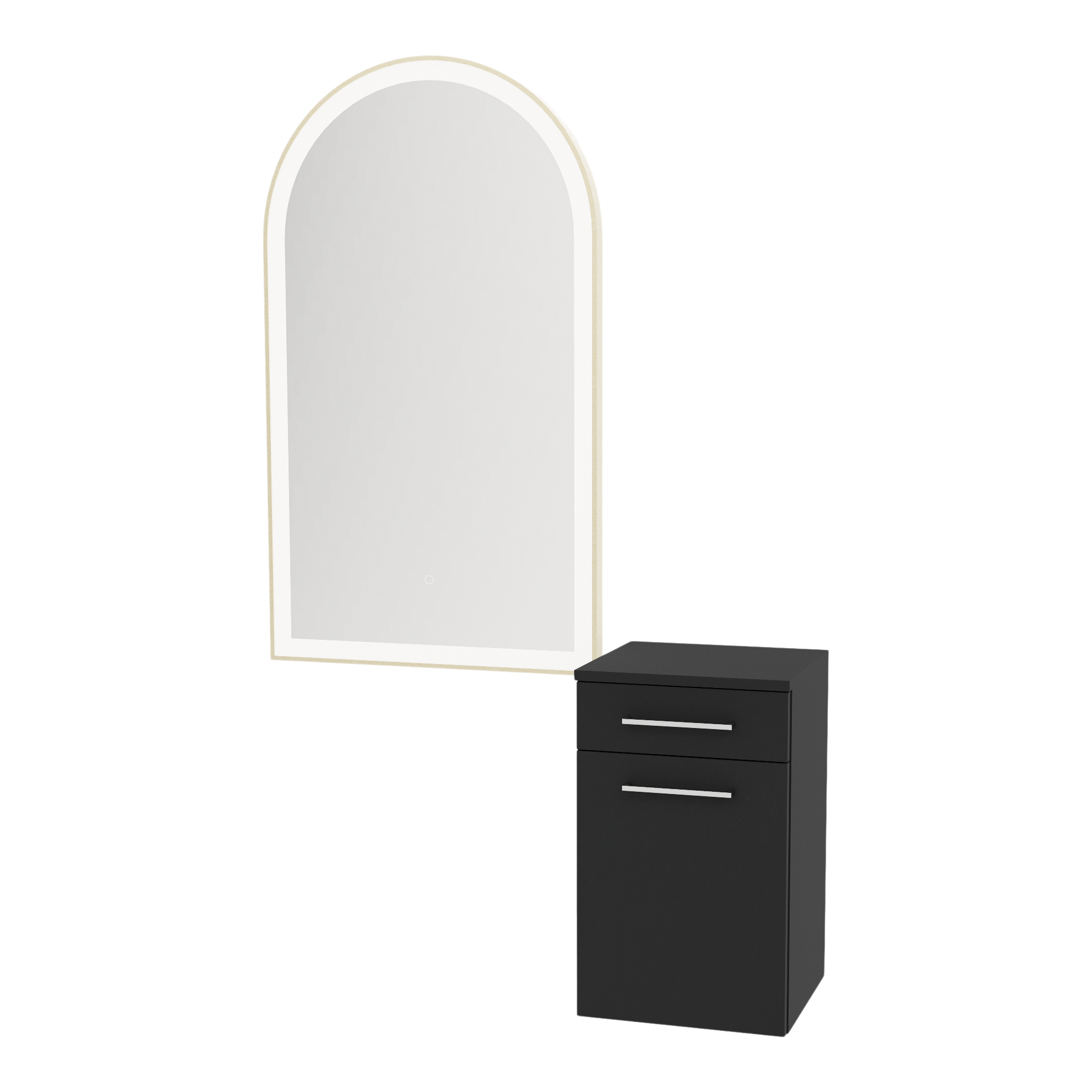 Glo Wall Mount Styling Station with Tilt-out Appliance Holder and Gold Arch Paloma Mirror