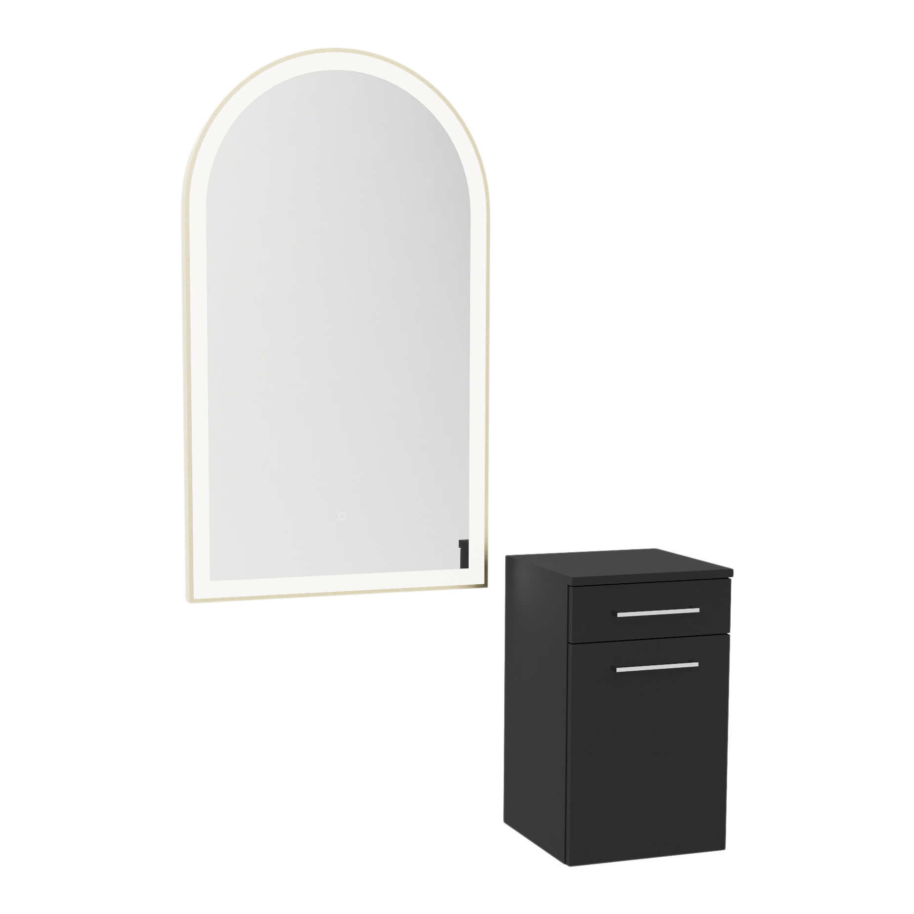 Glo Wall Mount Styling Station with Tilt-out Appliance Holder and Gold Arch Paloma Mirror