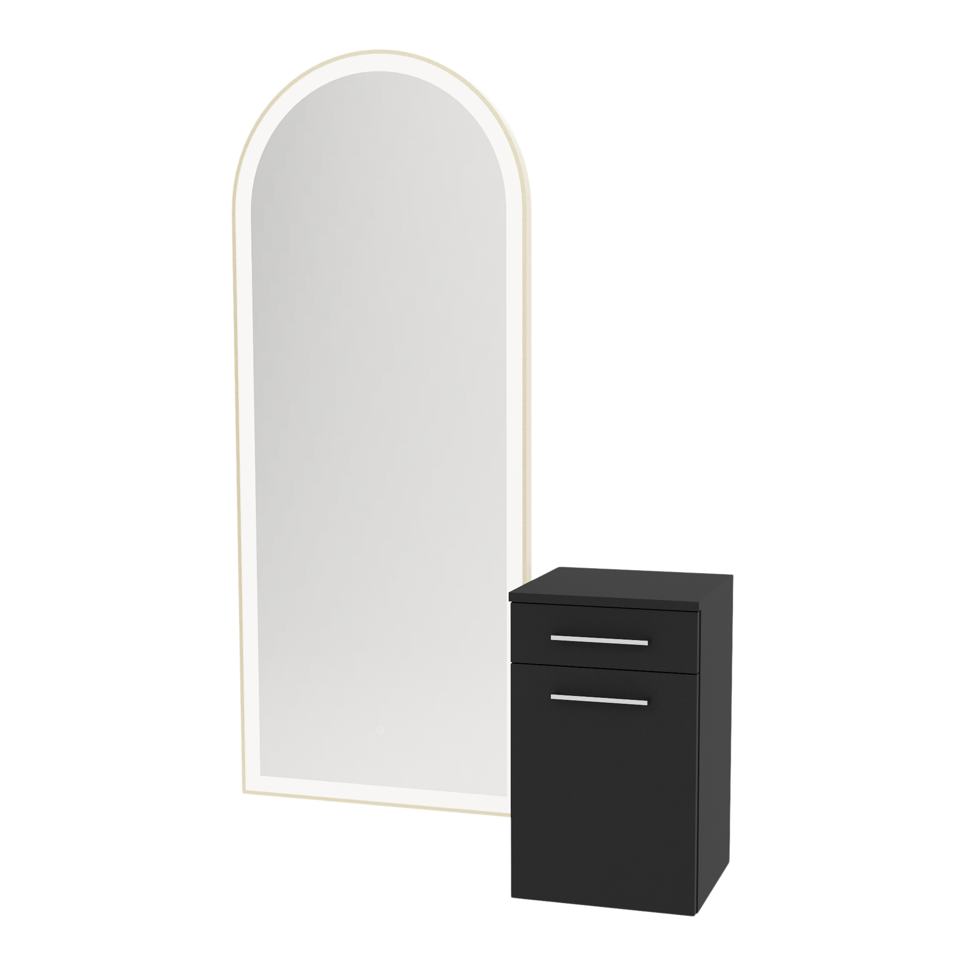 Glo Wall Mount Styling Station with Tilt-out Appliance Holder and Gold Full-Length Arch Paloma Mirror