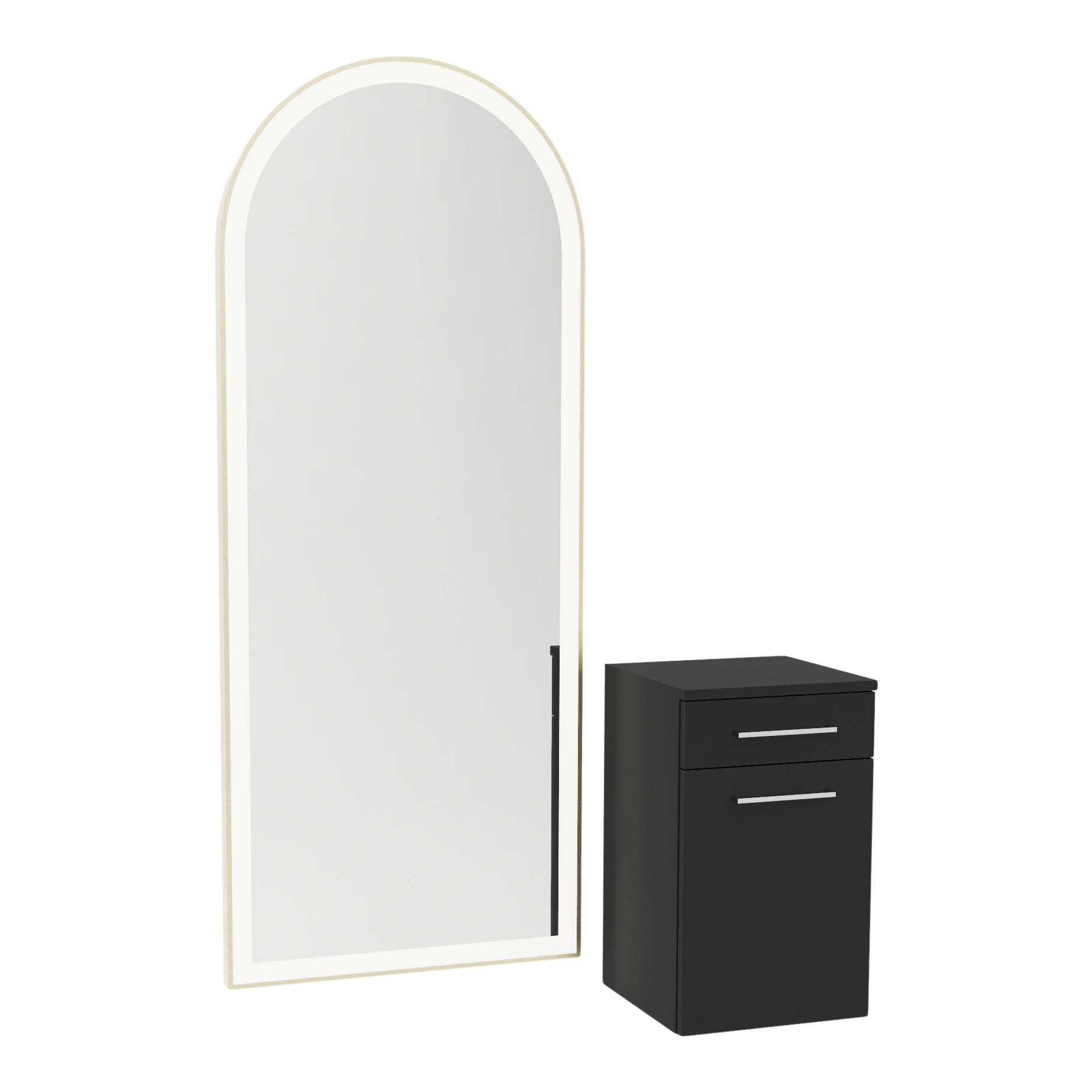 Glo Wall Mount Styling Station with Tilt-out Appliance Holder and Gold Full-Length Arch Paloma Mirror