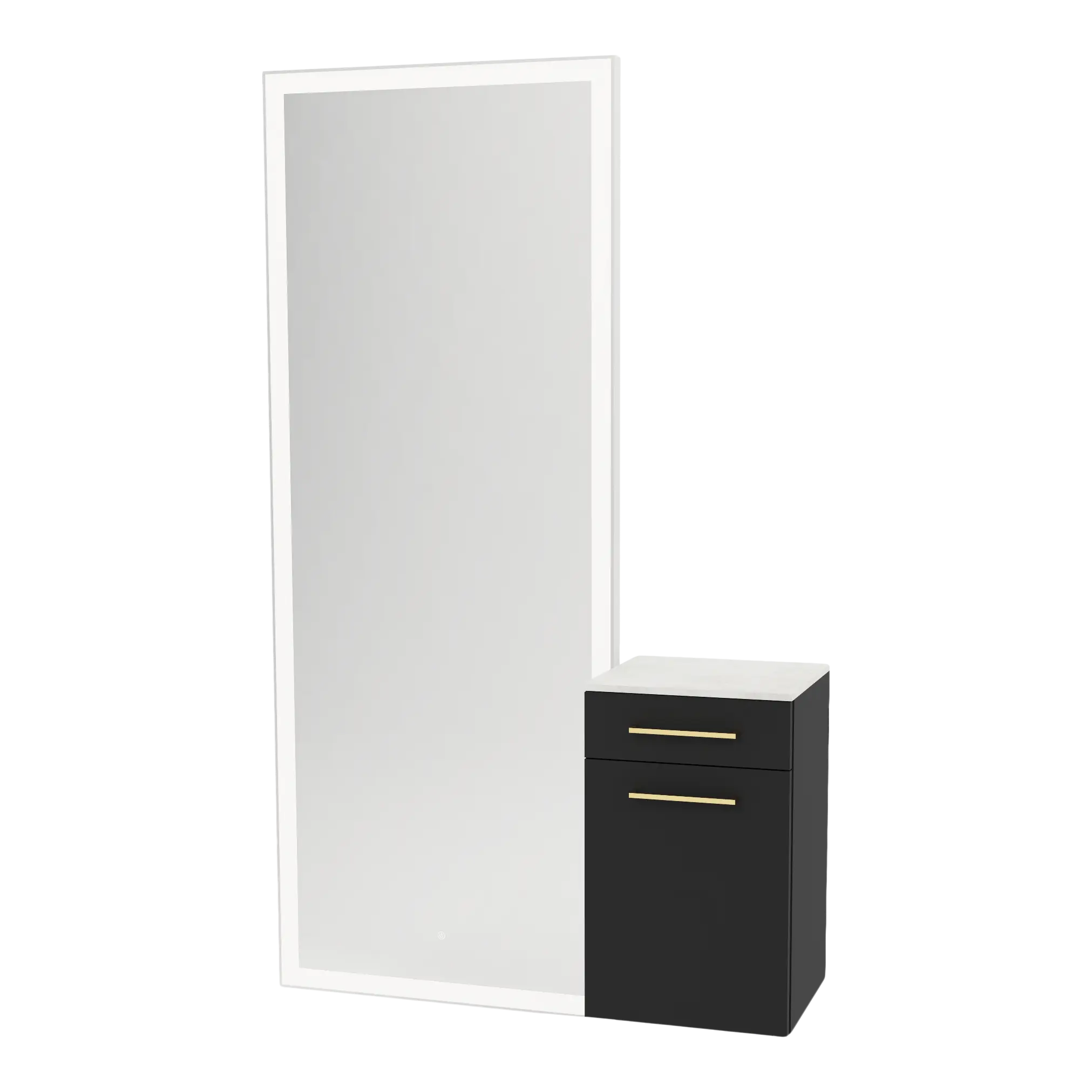 Glo Wall Mount Styling Station with Tilt-out Appliance Holder, Solid Surface Countertop, and Silver Full-Length Rectangle Glo Mirror