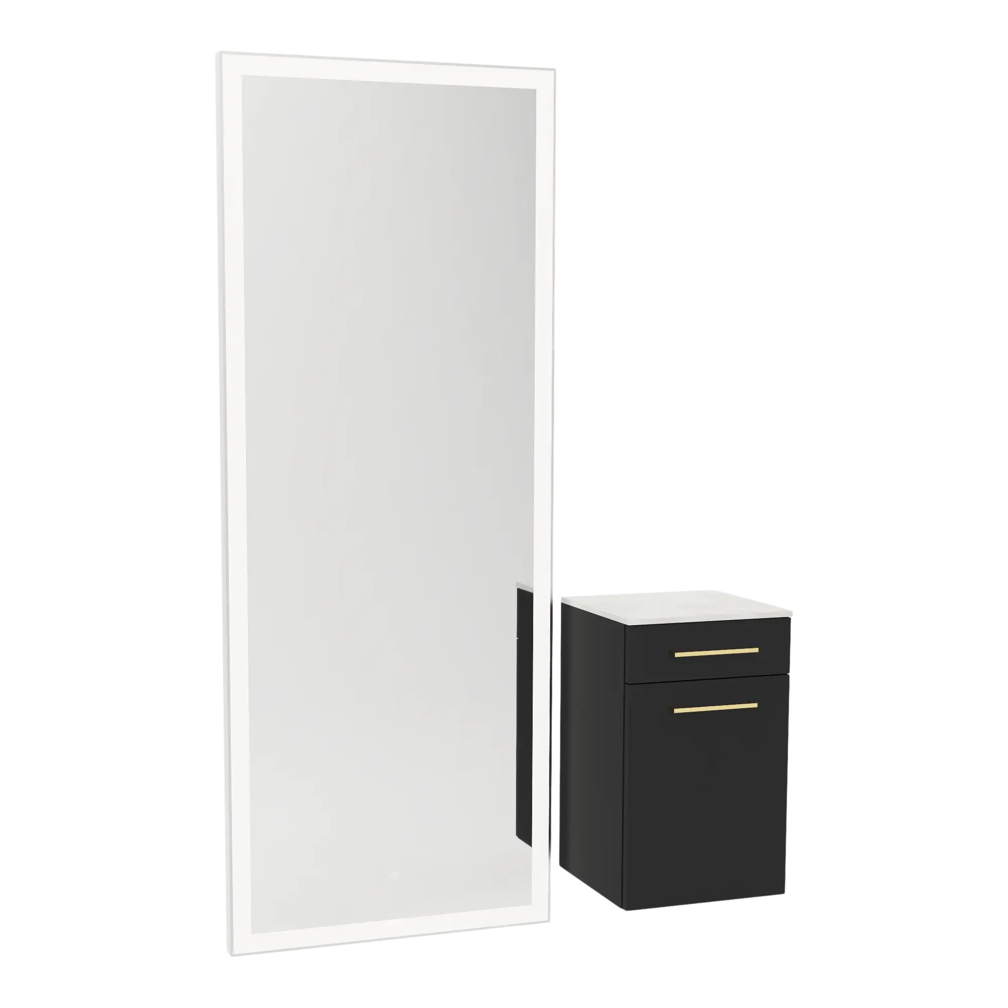 Glo Wall Mount Styling Station with Tilt-out Appliance Holder, Solid Surface Countertop, and Silver Full-Length Rectangle Glo Mirror