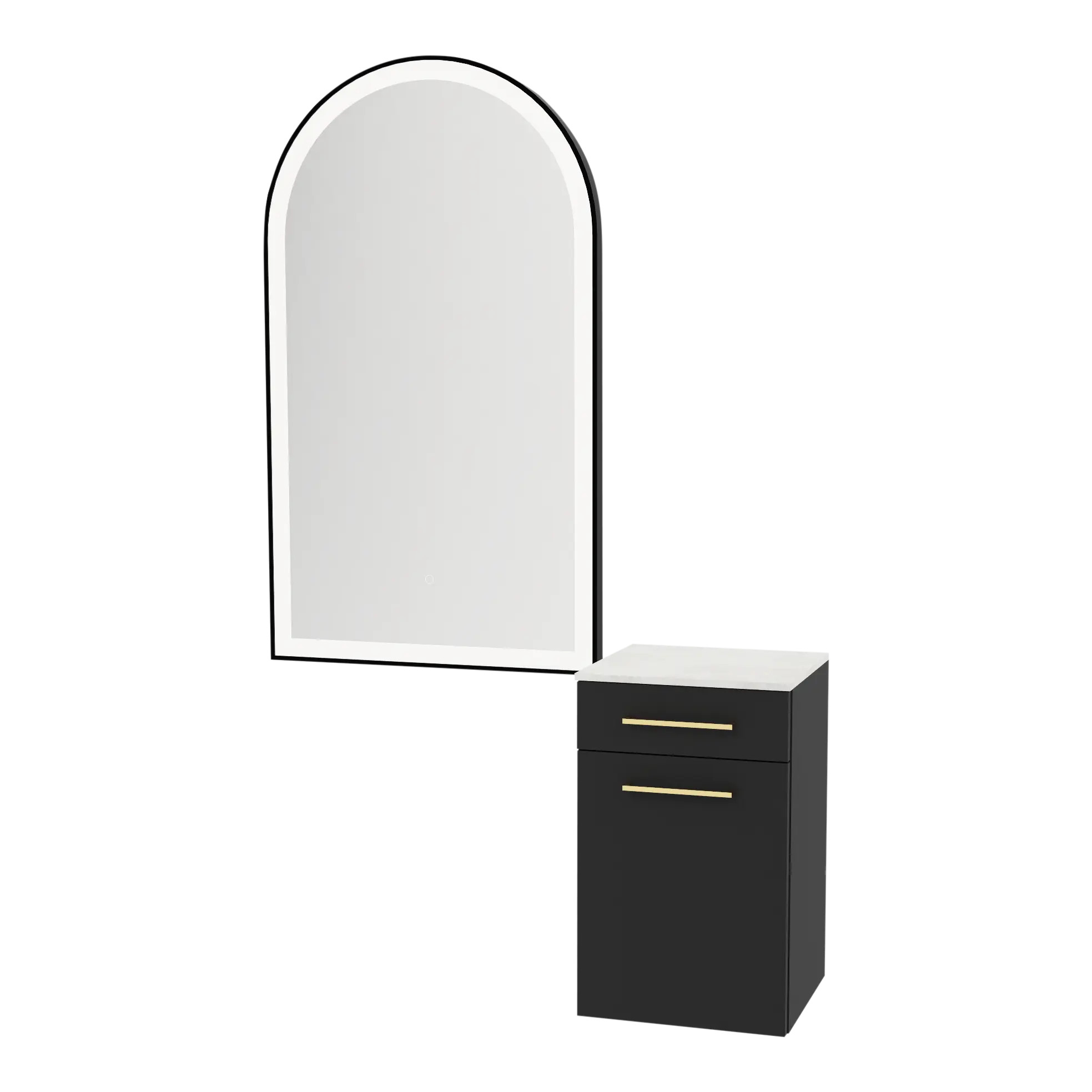 Glo Wall Mount Styling Station with Tilt-out Appliance Holder, Solid Surface Countertop, and Black Arch Paloma Mirror