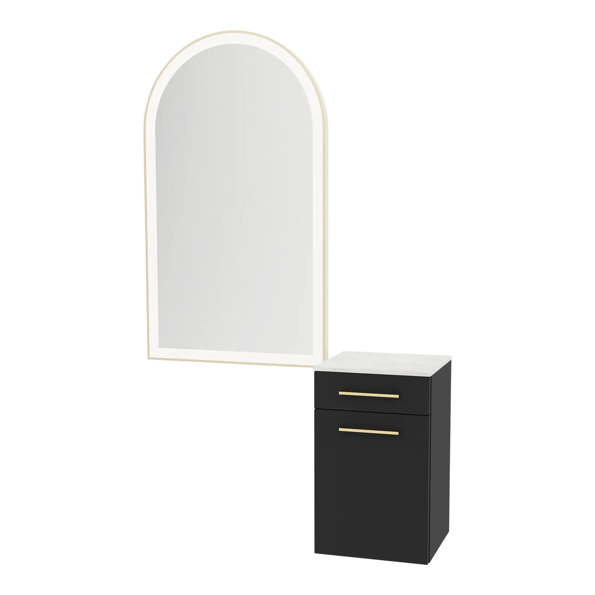 Glo Wall Mount Styling Station with Tilt-out Appliance Holder, Solid Surface Countertop, and Gold Arch Paloma Mirror