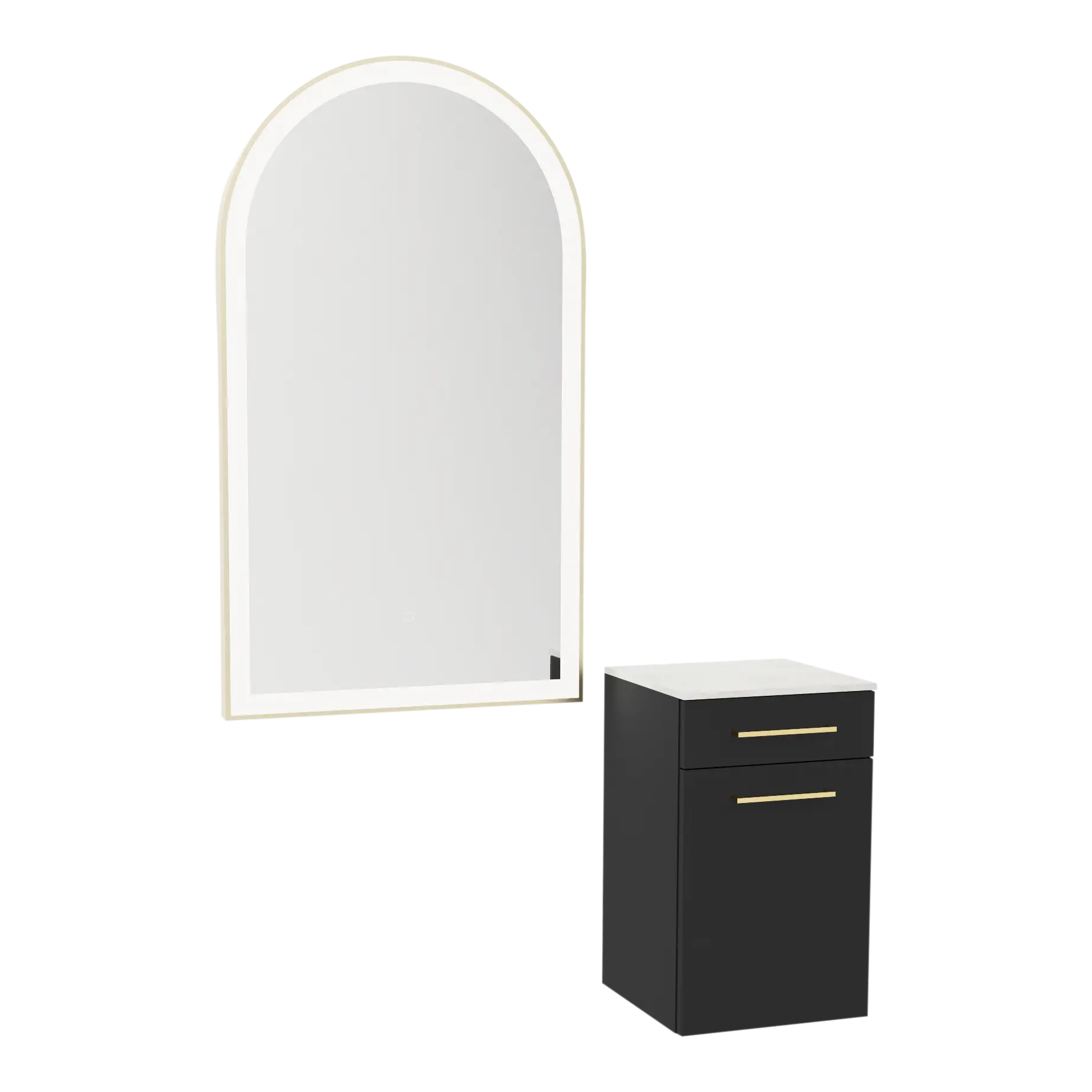 Glo Wall Mount Styling Station with Tilt-out Appliance Holder, Solid Surface Countertop, and Gold Arch Paloma Mirror