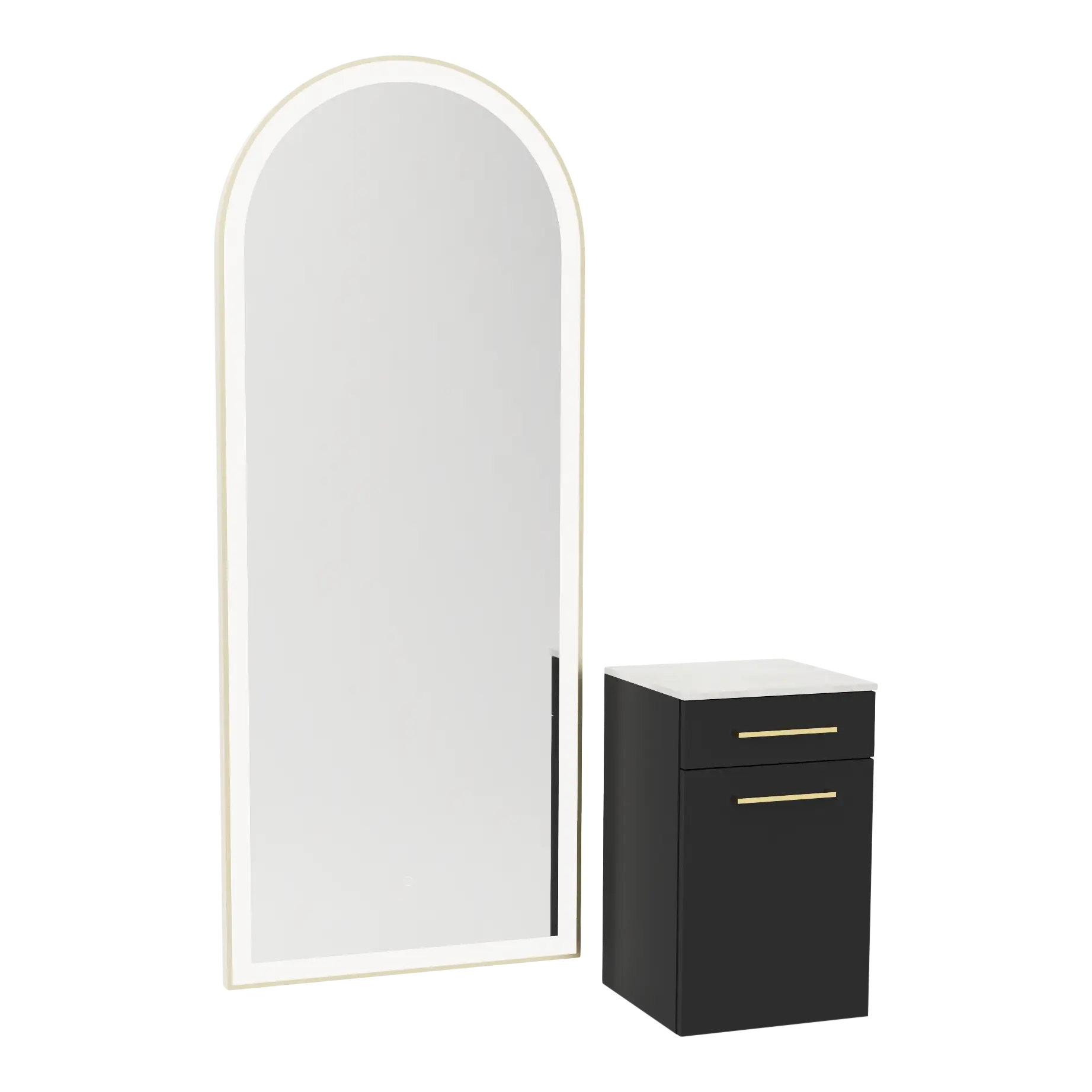 Glo Wall Mount Styling Station with Tilt-out Appliance Holder, Solid Surface Countertop, and Gold Full-Length Arch Paloma Mirror