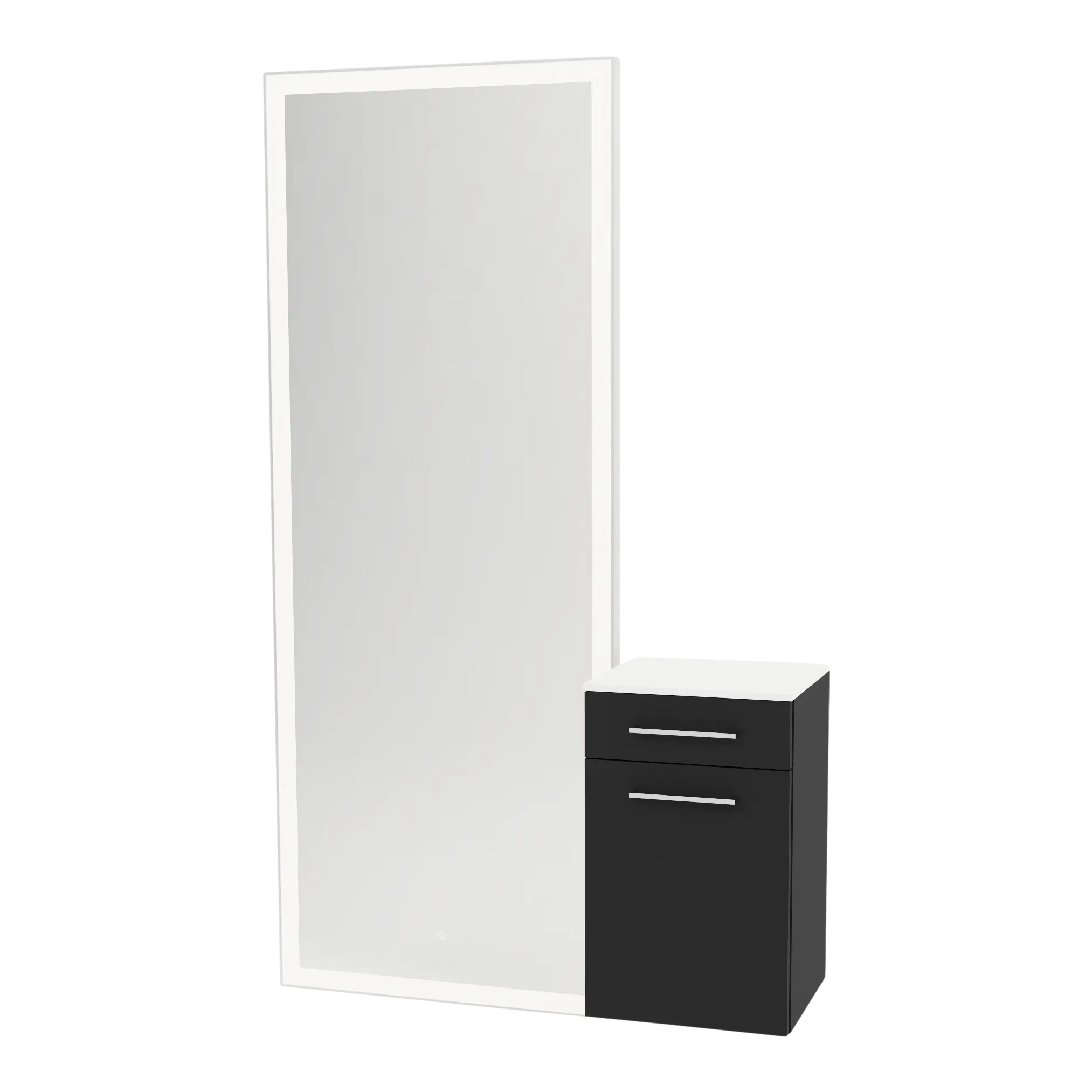 Glo Wall Mount Styling Station with Tilt-out Appliance Holder, Solid Surface Countertop, and Silver Full-Length Rectangle Glo Mirror