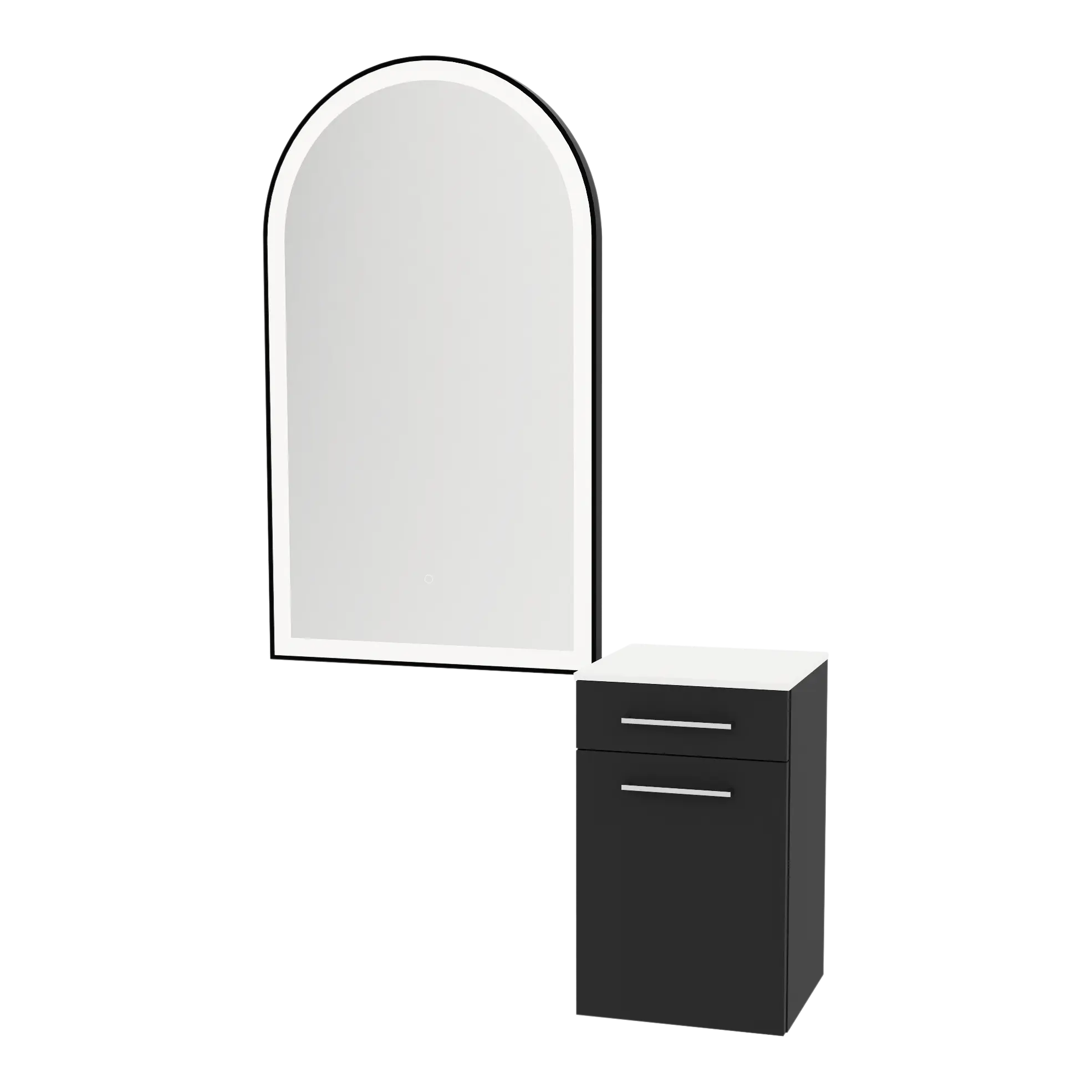 Glo Wall Mount Styling Station with Tilt-out Appliance Holder, Solid Surface Countertop, and Black Arch Paloma Mirror