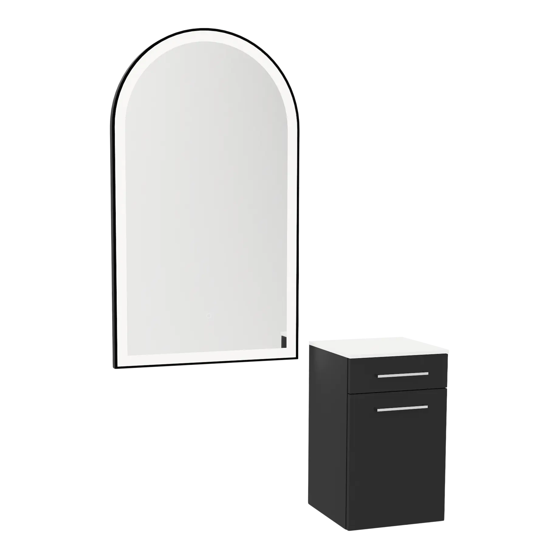 Glo Wall Mount Styling Station with Tilt-out Appliance Holder, Solid Surface Countertop, and Black Arch Paloma Mirror