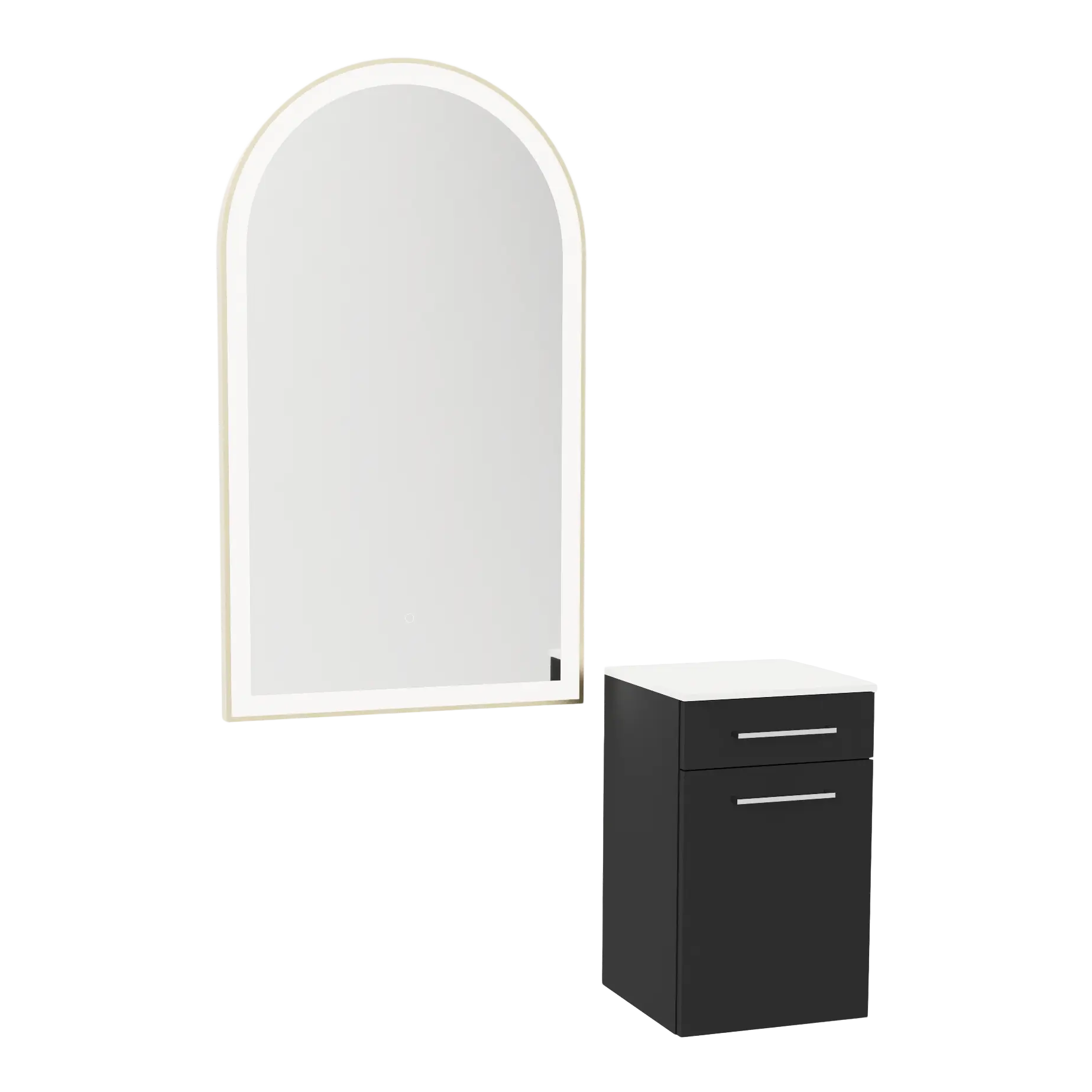 Glo Wall Mount Styling Station with Tilt-out Appliance Holder, Solid Surface Countertop, and Gold Arch Paloma Mirror