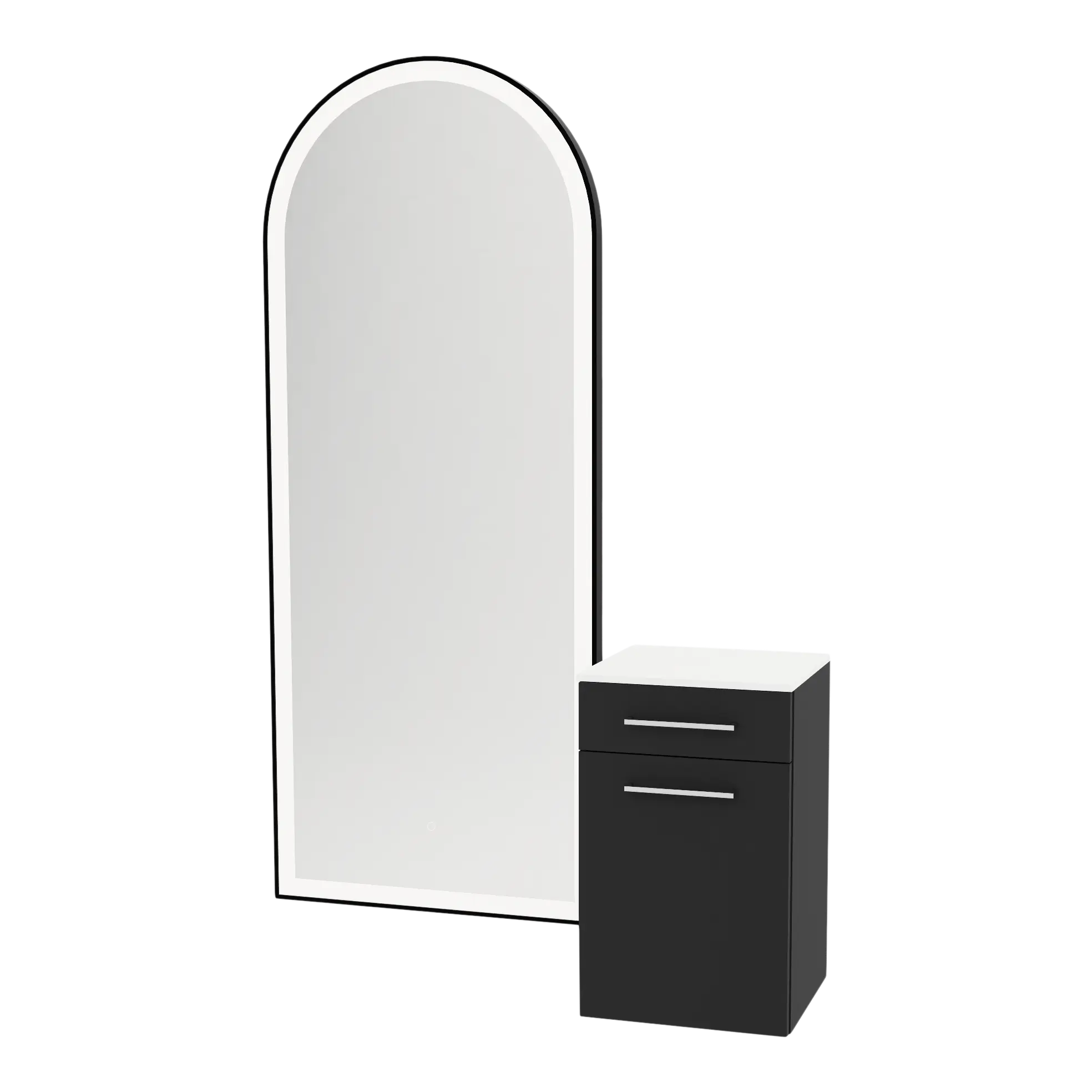 Glo Wall Mount Styling Station with Tilt-out Appliance Holder, Solid Surface Countertop, and Black Full-Length Arch Paloma Mirror