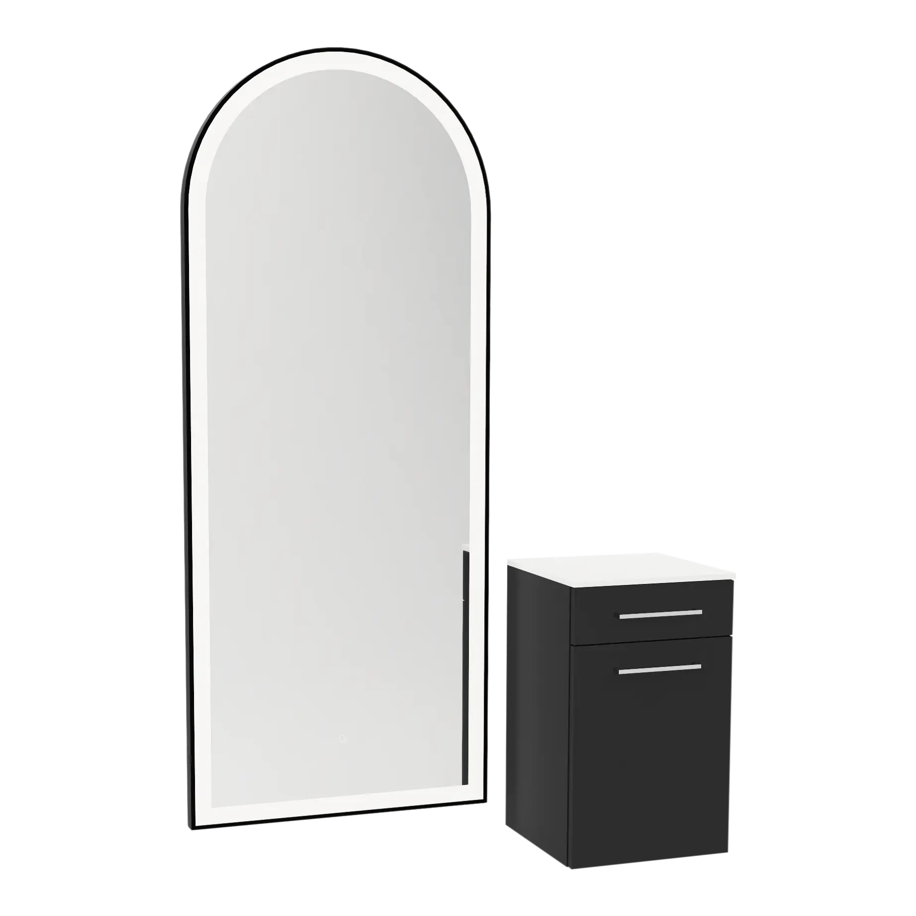 Glo Wall Mount Styling Station with Tilt-out Appliance Holder, Solid Surface Countertop, and Black Full-Length Arch Paloma Mirror