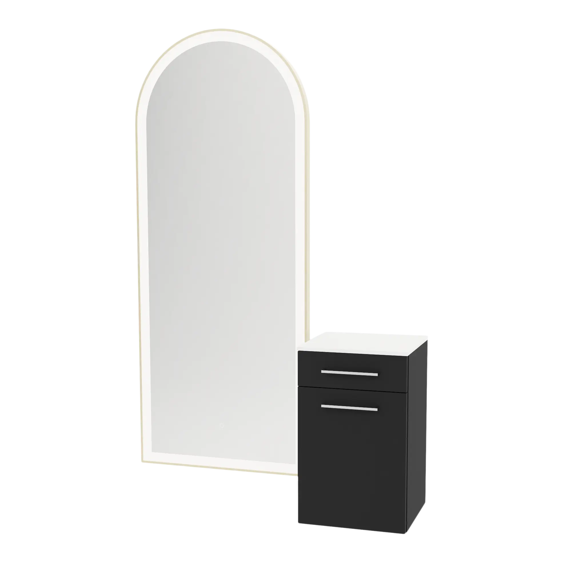 Glo Wall Mount Styling Station with Tilt-out Appliance Holder, Solid Surface Countertop, and Gold Full-Length Arch Paloma Mirror