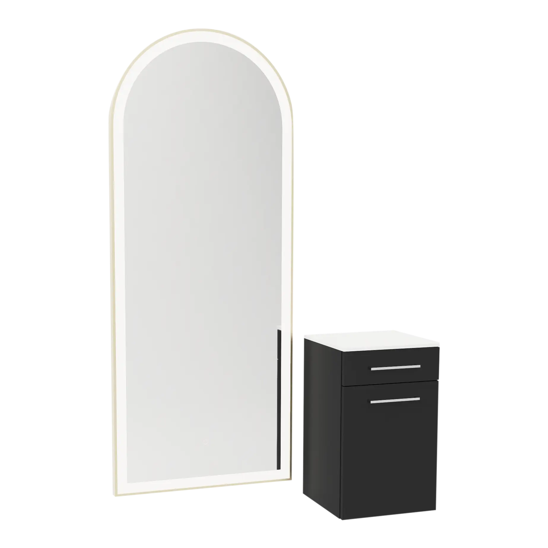 Glo Wall Mount Styling Station with Tilt-out Appliance Holder, Solid Surface Countertop, and Gold Full-Length Arch Paloma Mirror