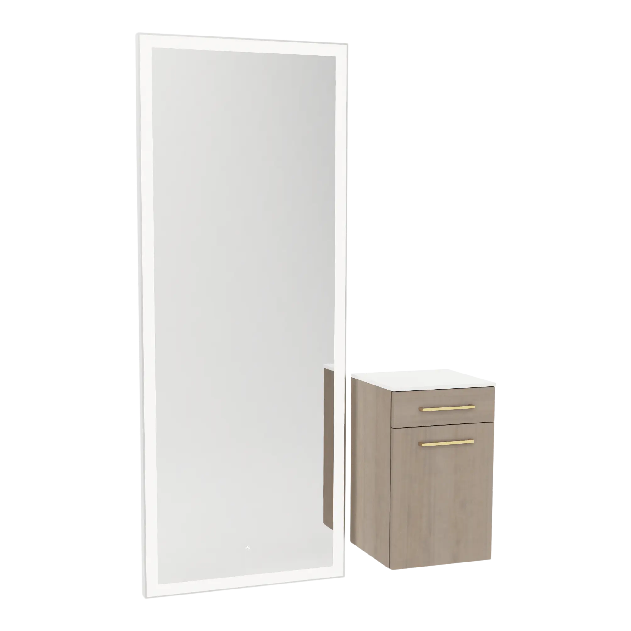 Glo Wall Mount Styling Station with Tilt-out Appliance Holder, Solid Surface Countertop, and Silver Full-Length Rectangle Glo Mirror