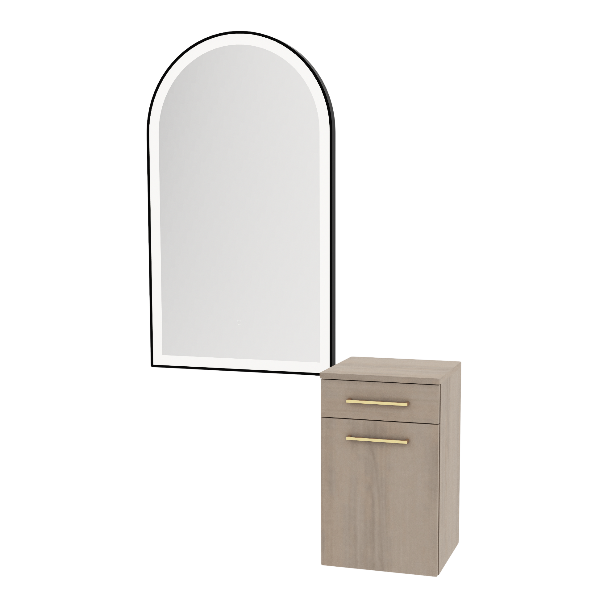 Glo Wall Mount Styling Station with Tilt-out Appliance Holder and Black Arch Paloma Mirror