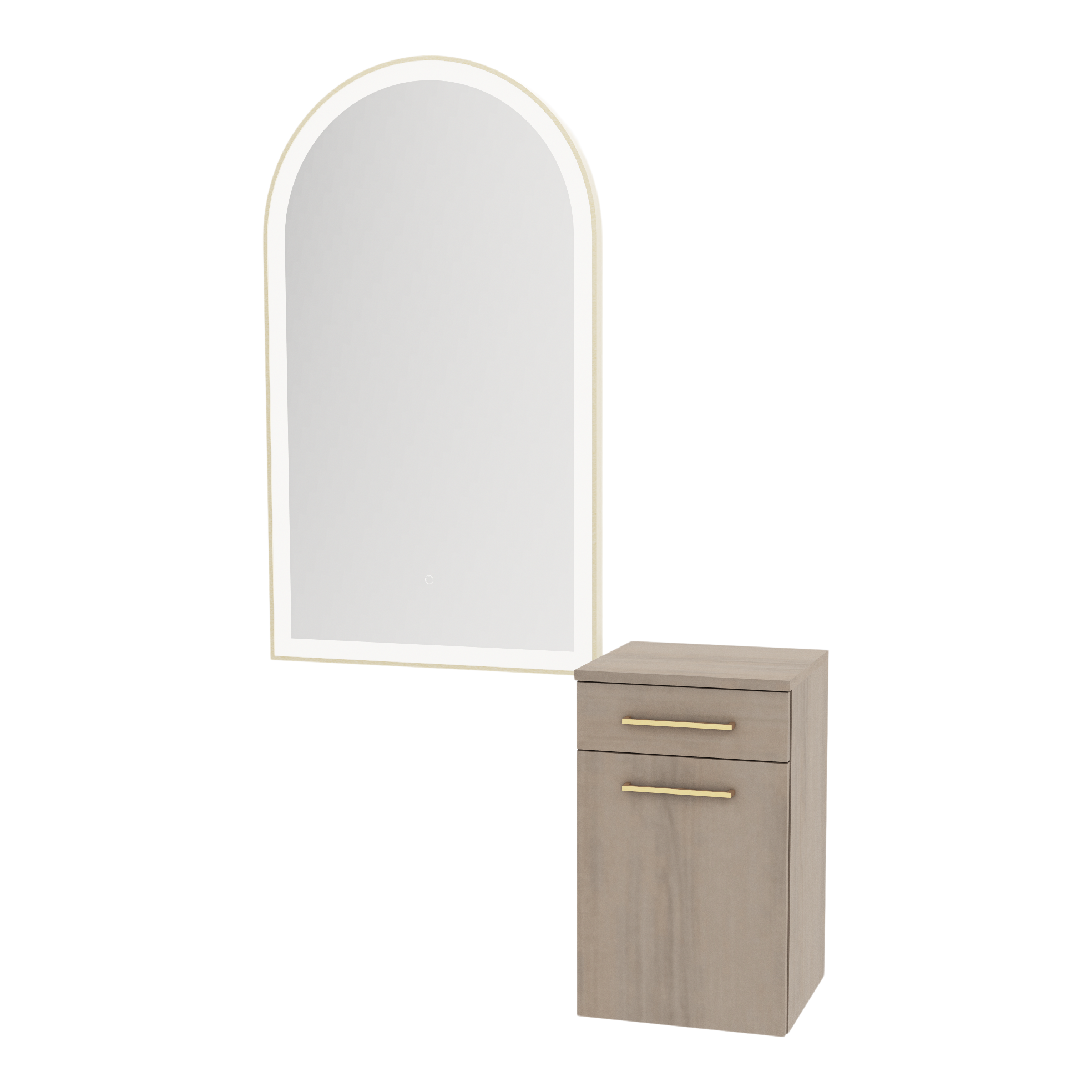 Glo Wall Mount Styling Station with Tilt-out Appliance Holder and Gold Arch Paloma Mirror