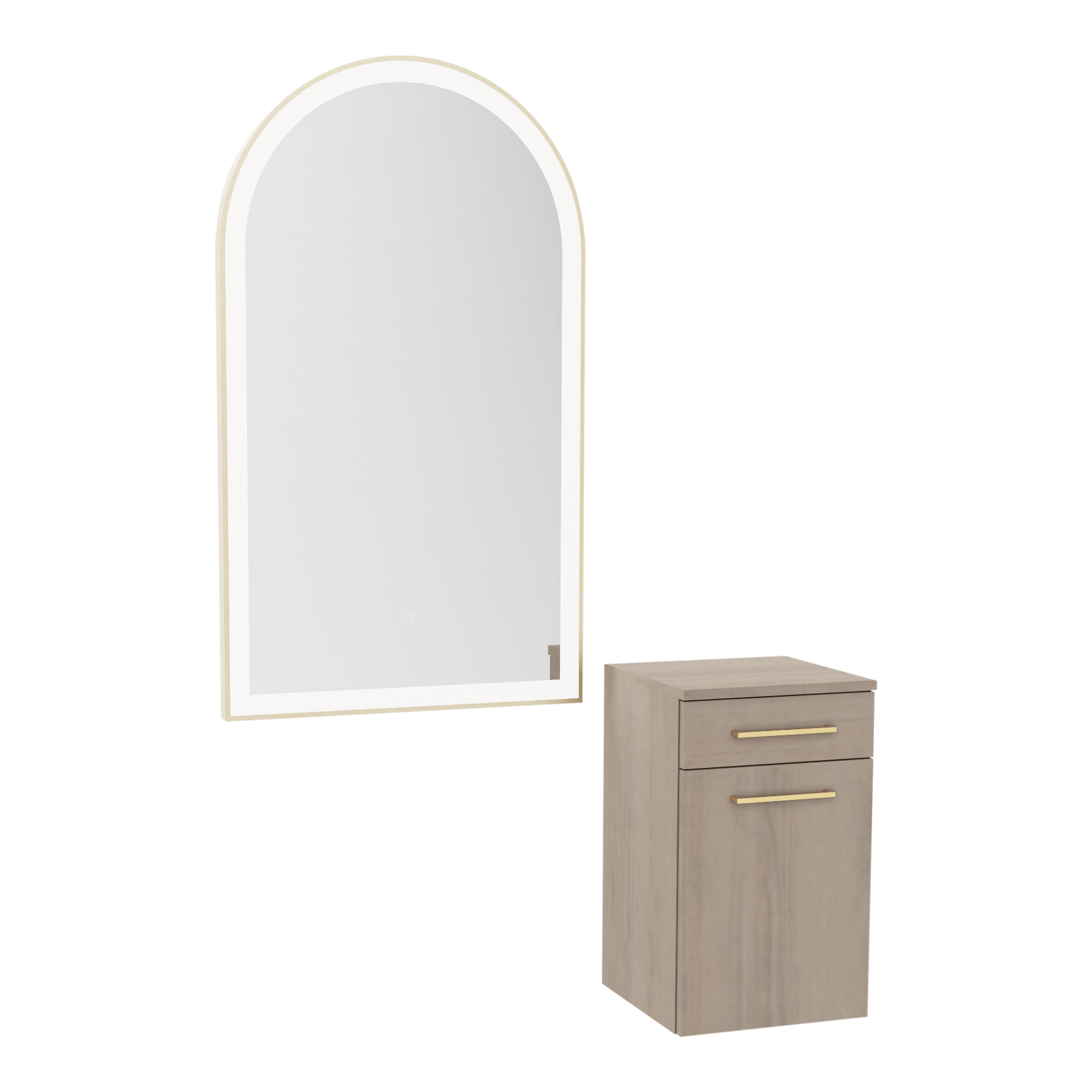 Glo Wall Mount Styling Station with Tilt-out Appliance Holder and Gold Arch Paloma Mirror