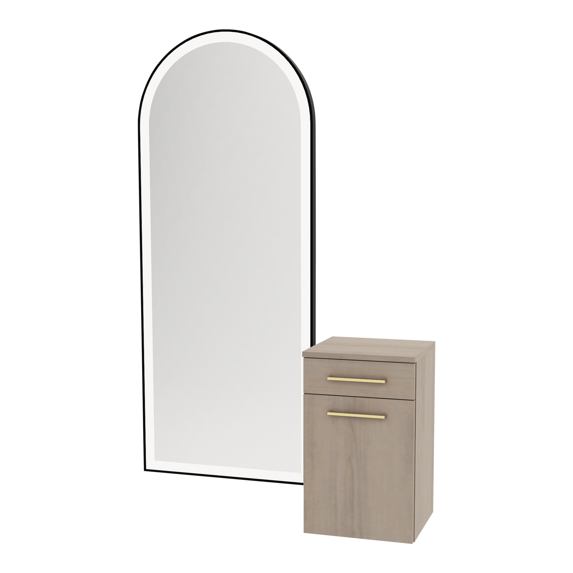 Glo Wall Mount Styling Station with Tilt-out Appliance Holder and Black Full-Length Arch Paloma Mirror