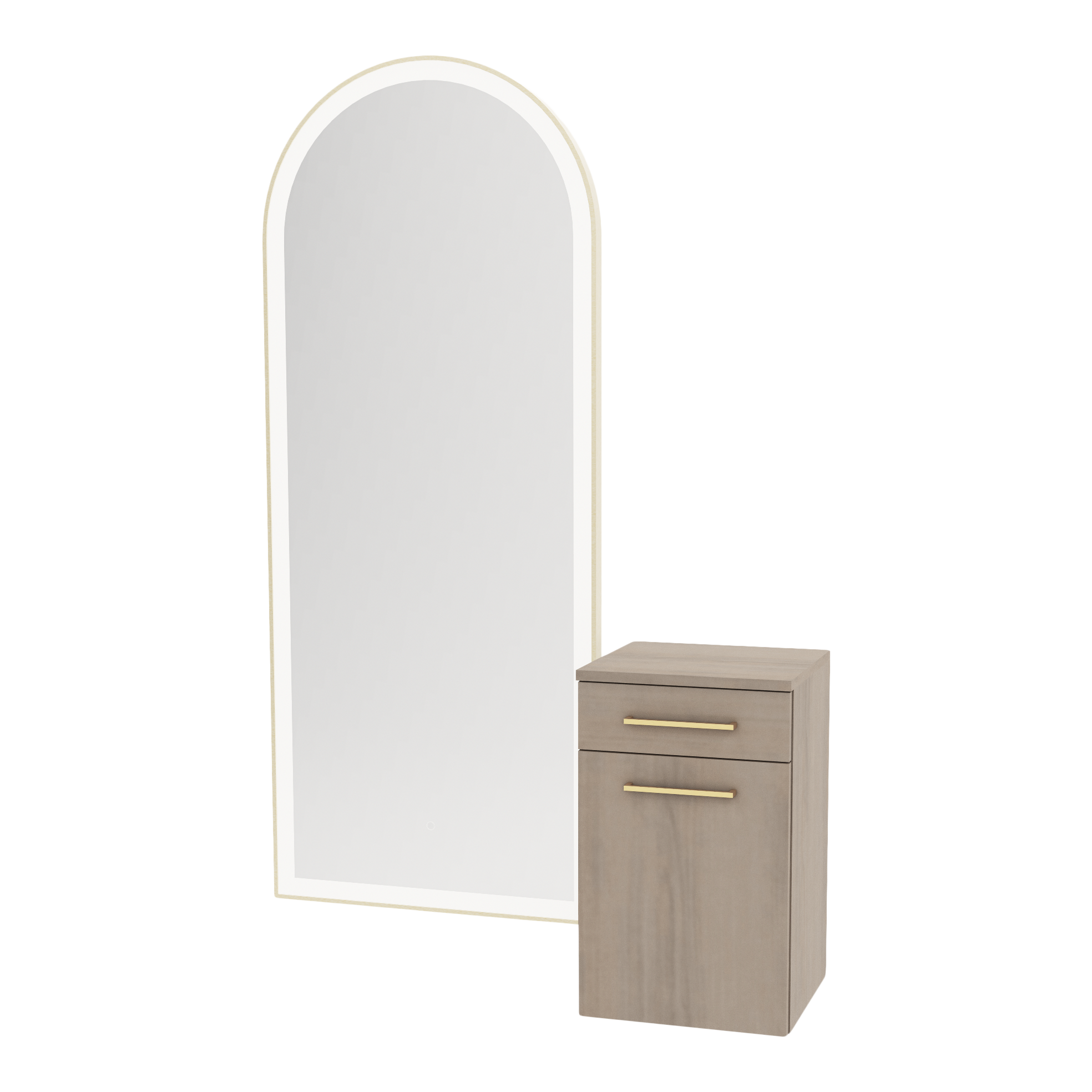 Glo Wall Mount Styling Station with Tilt-out Appliance Holder and Gold Full-Length Arch Paloma Mirror